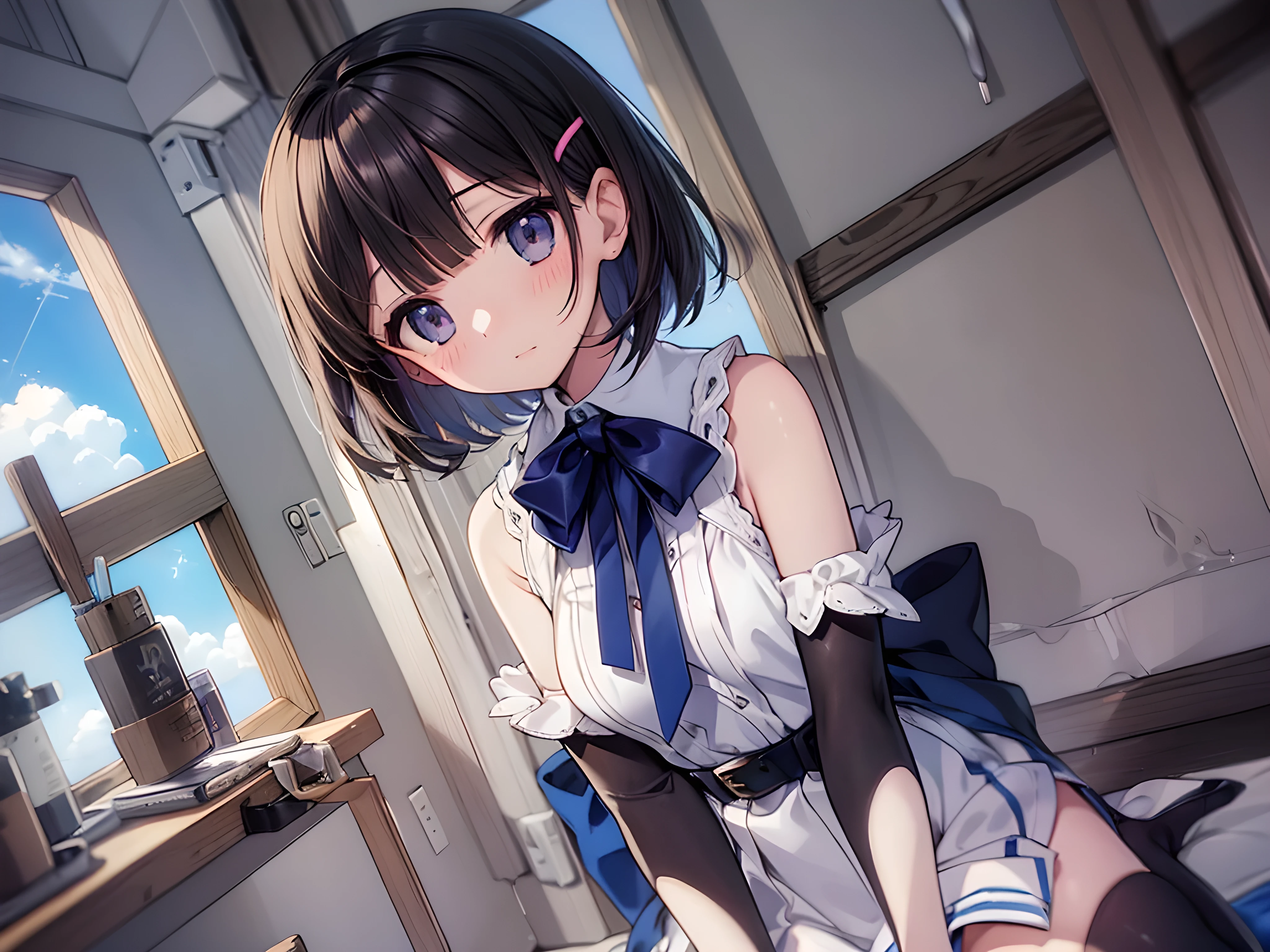 solo, 1 (maid:1.1) (sitting on bed inside detailed bedroom:1.2) with (short brown hair:1.2) and (green eyes:1.1) and (wearing maid apron and black thighhigh:1.3) and (very thick thighs:1.2)
{{{masterpiece}}}, {{best quality, super fine illustration}}, ((dense hair)),  ((beautiful eyes)),{very delicate light, perfect and delicate limbs}, {{ fine luminescence ,very fine 8K CG wallpaper}}, ((an extremely delicate and beautiful girl)), dynamic angle, l (staring blankly, lovely big eyes), beautiful detailed eyes, (absurdres, incredibly absurdres, illustration, ultra-detailed),
solo, high quality, CG, wallpaper, anime girl,dense hair, cute face, two legs, detailed hair, (very detailed hair), (beautiful eyes), Na-ga style