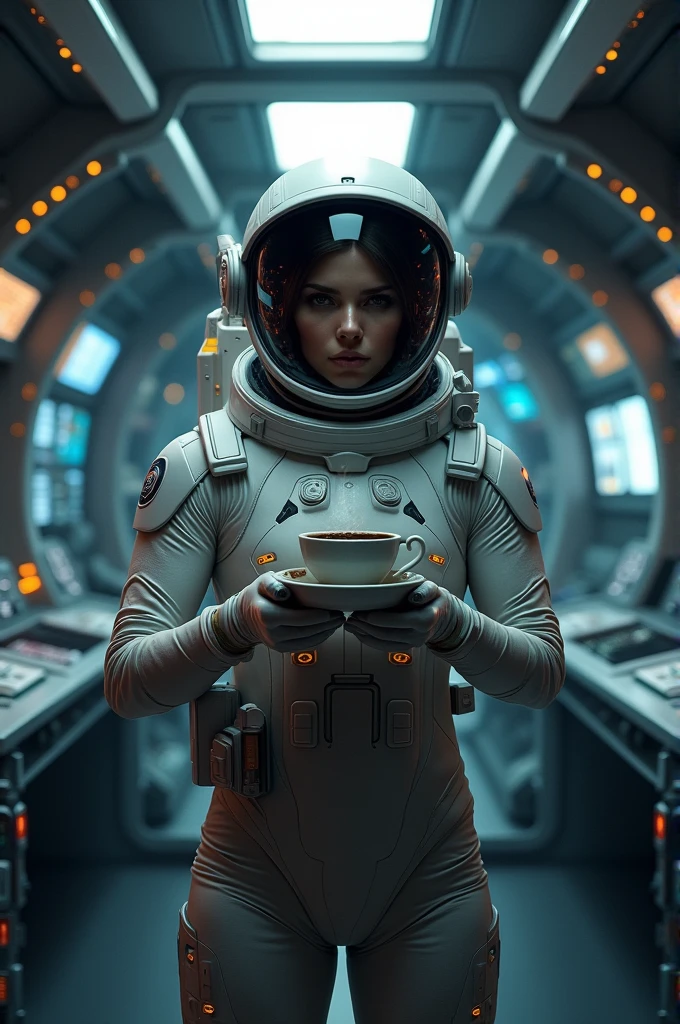 Create a high-definition image with maximum quality and advanced detail, in a cinematic style, depicting a special coffee being prepared by a futuristic robot inside a spaceship. The scene should capture an immersive and sophisticated futuristic environment in deep space.
Scene Details:
Spaceship Interior: The spaceship should be sleek and sophisticated, featuring a modern and technologically advanced interior. Display holographic control panels, panoramic windows showing the deep space, and soft, futuristic lighting.
Robot Barista: The robot should have an elegant and futuristic design, with fluid articulations and a high-tech appearance. Include details such as articulated arms and a holographic touch interface for interacting with the coffee.
Coffee Preparation: Show the robot preparing a special coffee, with beans being ground, water being heated, and the blend being made with precision. Add visual effects that highlight steam, light reflections on the liquid, and visible aroma.
Coffee Details: The coffee should look delicious and visually appealing, with a perfectly formed layer of cream or foam. Include elements like a futuristic-designed cup and a plate with refined details.
Space Background: In the background, show the vastness of space with bright stars, distant planets, or nebulae to create a dramatic contrast with the interior of the spaceship.
Cinematic Style: Use dramatic lighting, dynamic camera angles, and a slight depth of field effect to give a cinematic and realistic touch to the scene.