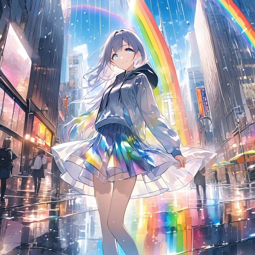 anime、((Amazingly absurd)),(masterpiece:1.2),超High resolution, Attention to detail, high quality, High resolution, 最high quality, 4K, 8k、One woman,Glass Clothes,hoodie,skirt,Iridescent,Rainbow Eyes,Shining Eyes,Looking at me and smiling,Around town,New York City Views,Glass World,Glass Rain,Reflected in light,Mysterious