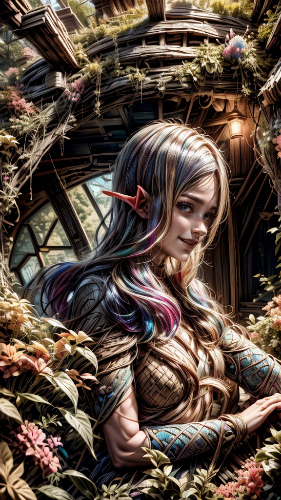 A beautiful elven girl is looking out of the window of a wooden house, smiling sweetly and kindly.Round window,teenage girl,smile,teethMasterpiece, Anatomically Correct, Accurate, Super Detailed, Textured Skin, Retina, colorful hair