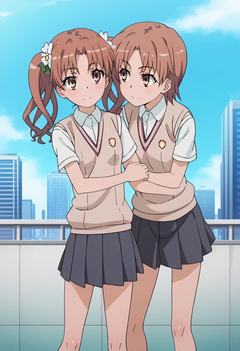 2 females, full body hugging, blushing, looking at each other, BREAK,                                                                                                                                                                                               first female, kuroko shirai, brown hair, long hair, (parted bangs:1.5), (brown eyes:1.7), ringlets, twintails, (small breasts:1.2), BREAK  black skirt, collared shirt, dress shirt, pleated skirt, safety pin, school uniform, shirt, short sleeves, skirt, summer uniform, sweater vest, tokiwadai school uniform, white shirt, BREAK 

second female, mikotomisaka, mikoto misaka, short hair, brown hair, hair ornament, hair flower, brown eyes,
skirt, shirt, school uniform, white shirt, short sleeves, pleated skirt, grey skirt, sweater vest, tokiwadai school uniform,
outdoors, cityscape, smile, bent over,
