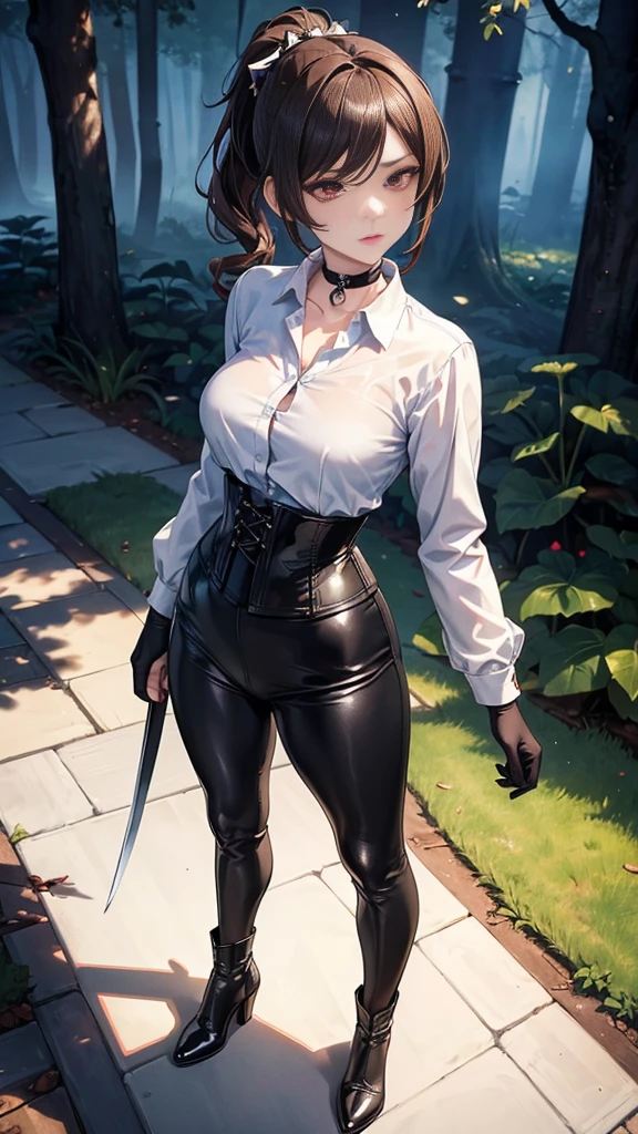 1girl, solo, ((full body)), (((she wears sport shoes)), masterpiece, (high detail:1 1), Rough face, Natural skin, high quality, Sakura Haruno,black hair, ((long hair)), ((bangs hair)), detailed hair, white eyes,(Big breasts:1.2 ),( smile:1.2),Face blush,Sexy figure, perfect bodies, beautiful eyes, (Detailed face and eyes), (face: 1 2), voices, Extra, real photo, ... ... ........... PSD, sharp focus, contrast lighting, Delicate skin, High definition 8K, incredible details, realistic, professional photo shooting, 8K UHD, SLR camera, soft lighting , high high quality, film grain, Fujifilm XT3, magic, particle FX, (((leather flare pants))), (((she wears leather flare pants))), (((leather tank top))), in the forest, dark forest, horror forest, lavender field, looking at viewer, (((Show cameltoe))), ((full body)), ((standing)), gloves, nipples, (((front view))), ((((she wears arm protectors))))
