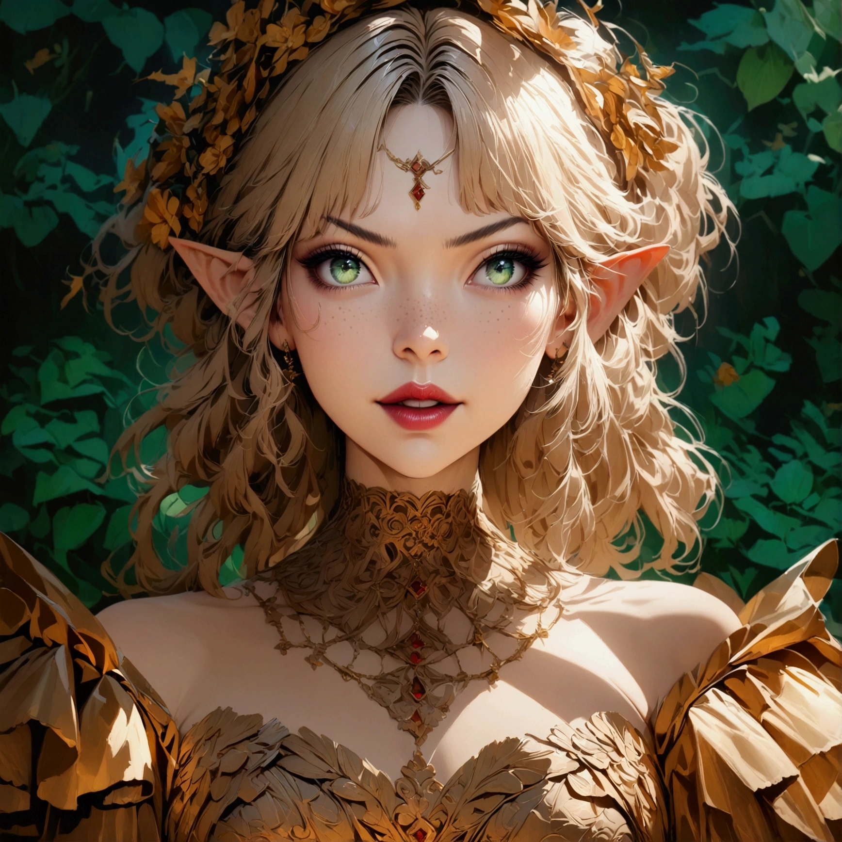 a beautiful woman with freckles, green eyes, blonde-ginger curly hair, wearing an ornate style elegant corset-style dress with golden accents, lunar styled jewelry, pointy ears, gothic aesthetic, ultra-detailed, elegant beauty, fierce expression, perfectly symmetrical features, beautiful composition, high quality, 4k, 8k, hyperrealistic, masterpiece, photo-realistic