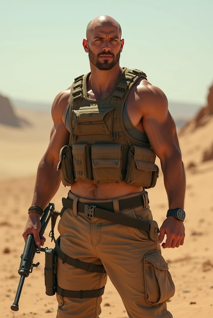 super high resolution, highest quality, 1 man, solo,wild plump uncle, round face shape, 41 years old, blushing nose, perfect eyes, dark brown eyes, crew cut hair, blonde hair, hairy man, manly, bulky, hairy body, thick thighs, topless, soldier vest, (beige scarf blowing in the wind :1.2), cargo pants, military boots, tattoo on shoulder, (perfect body proportions : 1.3), face focus, 
in the desert, full body shot, (looking away:1.2), dynamic angle, depth of field, 