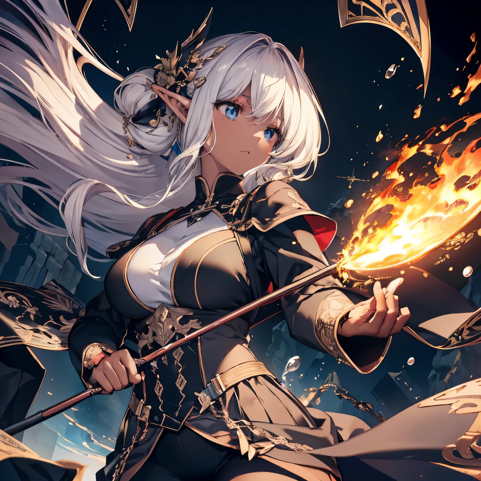 Beautiful female magician, fantasy world, out in green lush plains, flying in the air, casting the ultimate form of magic, many effects, really colorful, holding a staff, eyes glowing, wind swirling around her,