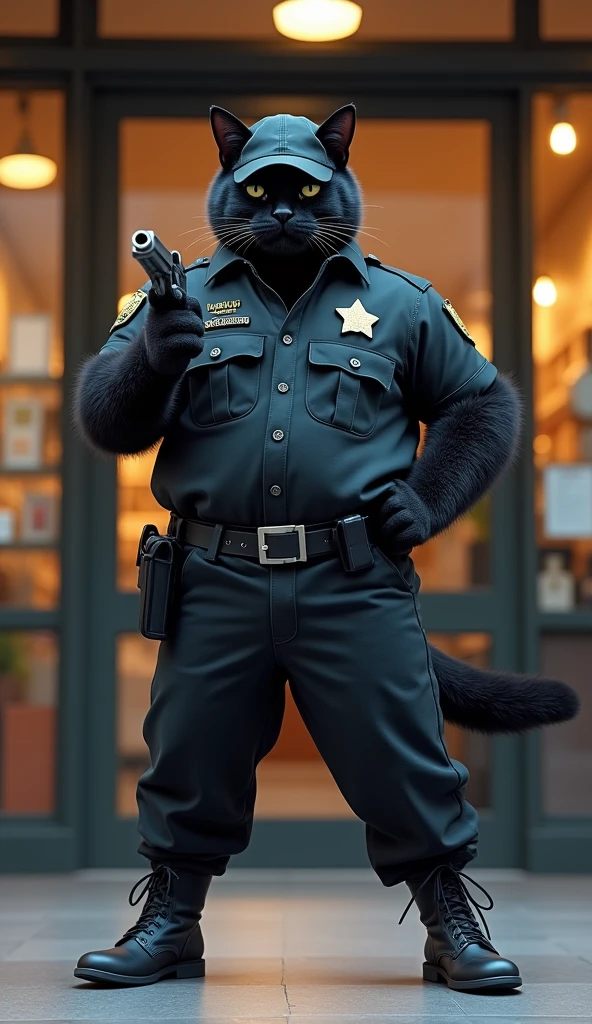 black cat bodybuilder security guard ongkok and pointing the gun facing forward, shop front door background, body part scene facing forward, cat character wearing security uniform and shoes.