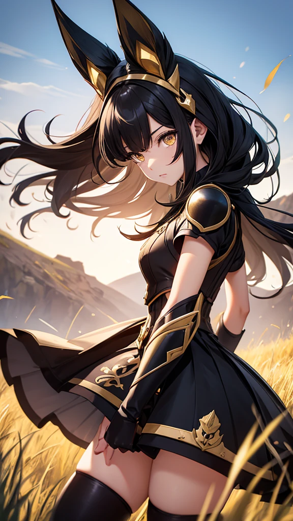 Woman profile, Only one person is depicted, Side view, Image from the knees up masterpiece, Best Quality,  Black hair blowing in the wind, Cat ears, Golden Eyes, A dignified expression, Black and gold two-tone armor, The chest size is medium, Black Skirt, Black thigh-high socks, Grassland with wind blowing from left to right, Looking straight ahead