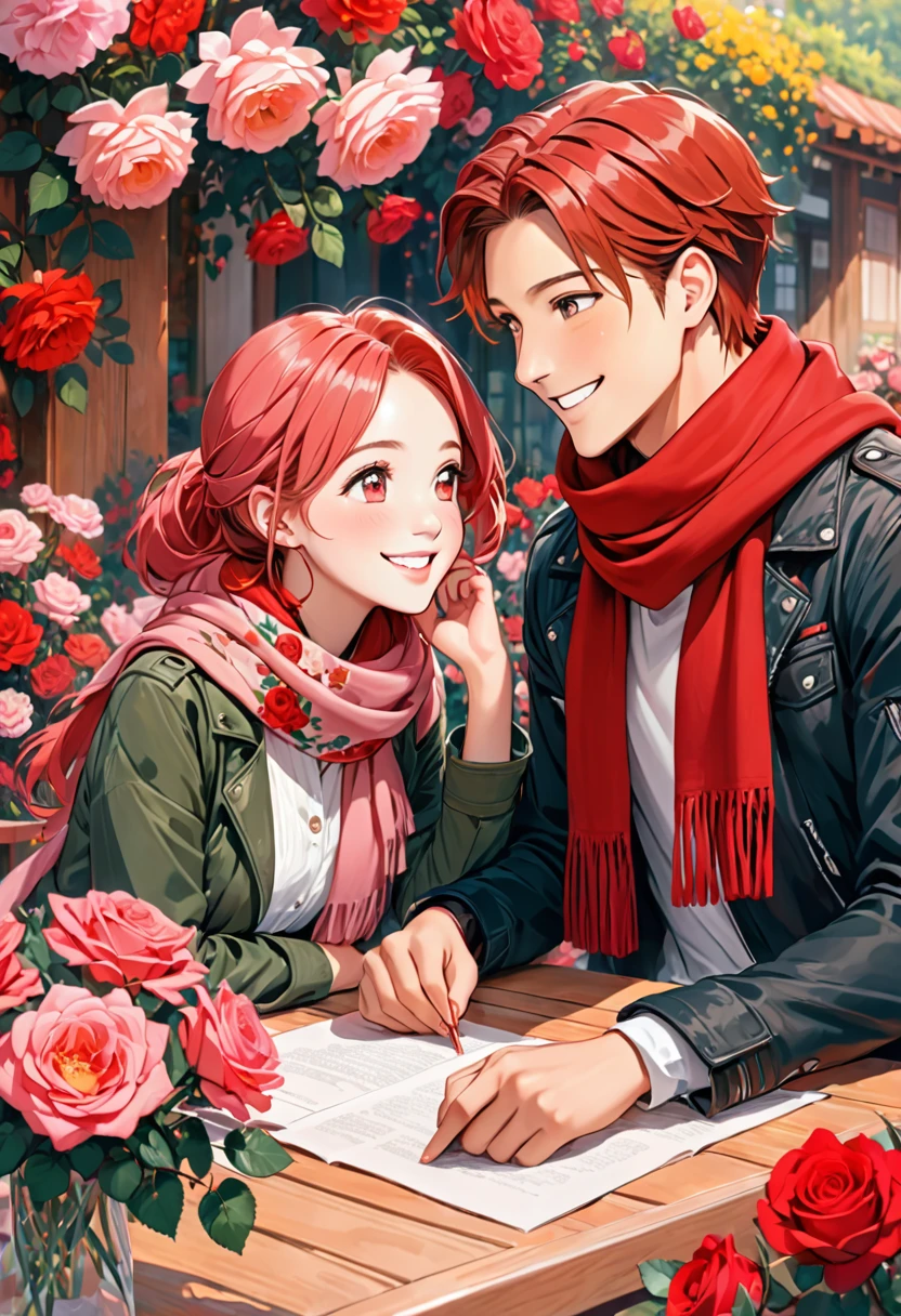 style,masterpiece, best quality, ultra-detailed, illustration, romantic, couple, sitting, holding hands, red, love, hearts, flowers, chocolates, balloons, atmosphere of love, background city, street, shops, people, Valentine's Day theme, pink and red color scheme, candle light dinner, celebration, happiness