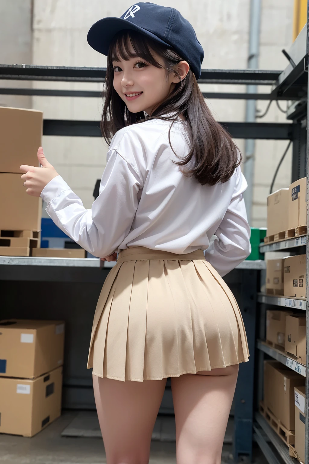 (RAW Photo Best Quality, High resolution、masterpiece: 1.1, Realistic texture: 1.4、High resolution)、(Factory long sleeve work clothes、Work cap with brim、(Pleated skirt)):1.1、Neat bangs、Idol Medium Hair、(Short)、Brown Eyes、(Smile、Thumbs up)、(Shooting from directly behind)、Workshop、(Bulk packaging、Logistics Rack)、Beautiful thighs、Sagging buttocks