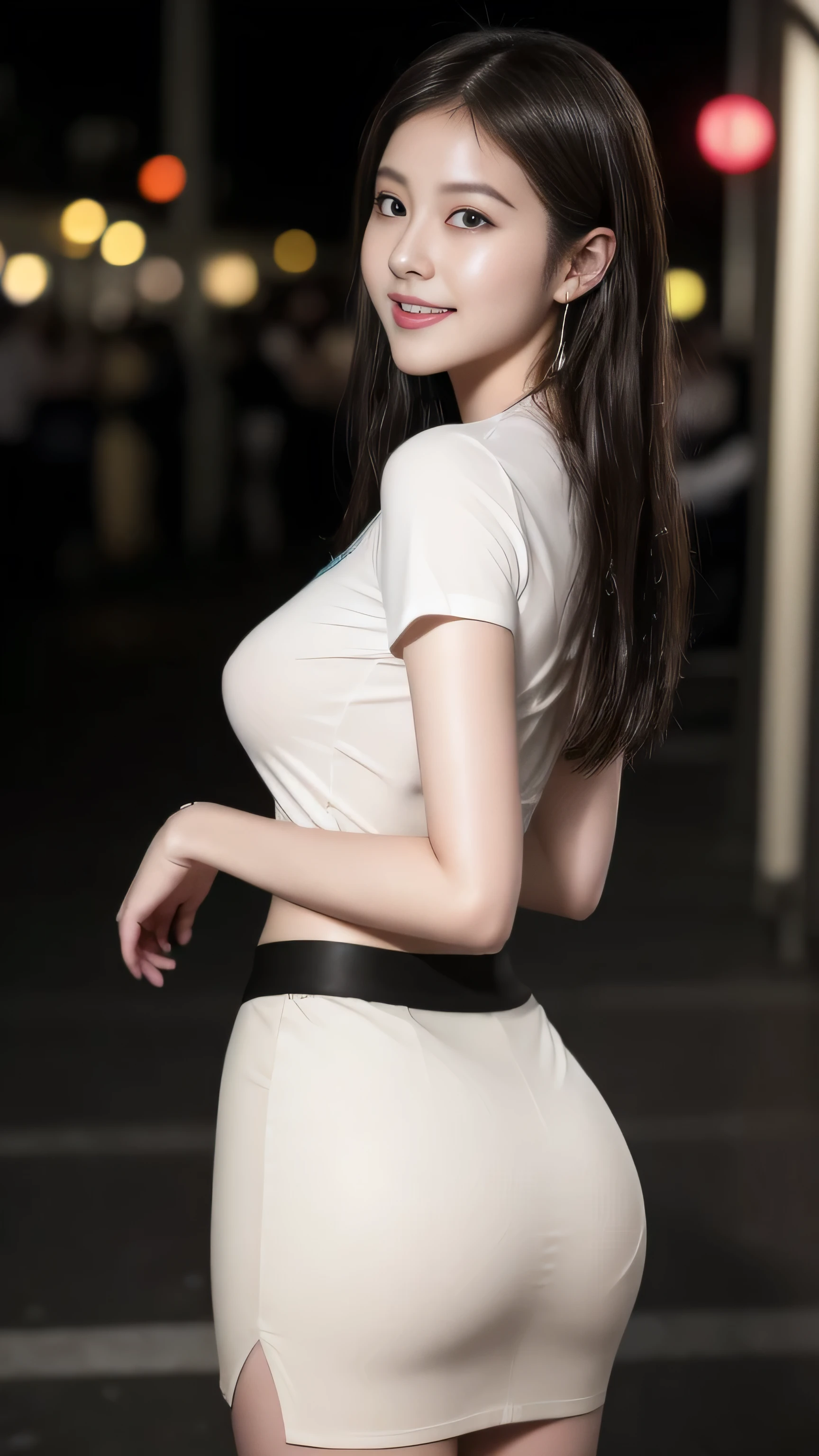 8K, masutepiece, Raw photo, Best Quality, Photorealistic, Highly detailed CG Unity 8k wallpaper, depth of fields, Cinematic Light, Lens Flare, Ray tracing, (Extremely beautiful face, Beautiful lips, Beautiful eyes), intricate detail face, ((Ultra detailed skin)) 1girl in, In the Dark, deepshadow, Pretty Korean girl, Kpop Idol, 1 girl, (Very slim and slender fit muscular body:1.3), ((Looking at Viewer)),(Big smile:1.3), (Fashion City Night, a dark night, (Neon sign), (Blurred background), Fashion Street Night),(No people in the background:1.3), Beautiful earrings, Bracelets, Necklace, pantyhose, Clear eyes, Walking, (pale skin), (Big eyes), Face forward, (Brown hairs), (Full body shot), ((Shirt see-through)), ((White Business Shirt)), , (Looking at Viewer:1.3) opened breast, Very slim, Colossal tits, backtrack, (Back shot), ass forcus, Before the eyebrows,(((Suit skirt))), thick thighs,((Wet with water))