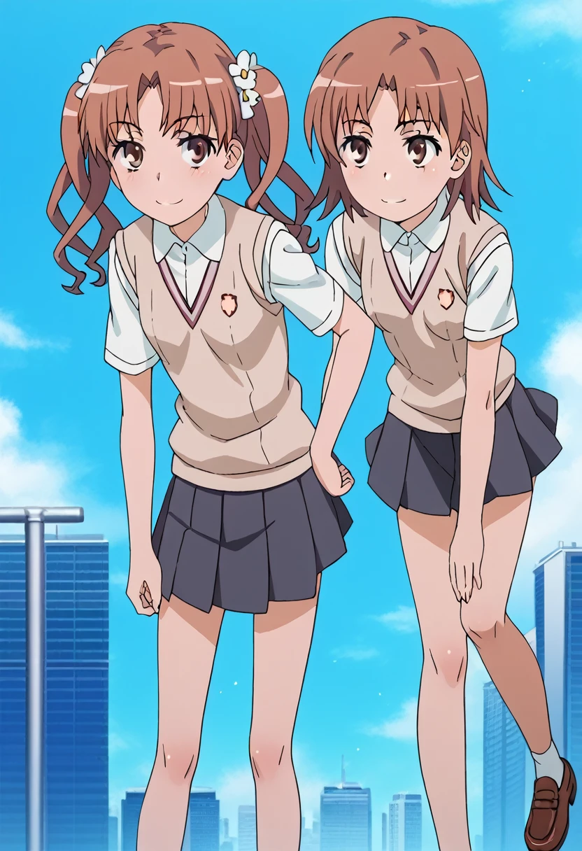 2 females, different hair styles, full body hugging, blushing, looking at each other, BREAK, brown shoes                                                                                                                                                                                              first female, kuroko shirai, brown hair, long hair, (parted bangs:1.5), (brown eyes:1.7), ringlets, twin tails, (small breasts:1.2), BREAK  black skirt, collared shirt, dress shirt, pleated skirt, safety pin, school uniform, shirt, short sleeves, skirt, summer uniform, sweater vest, tokiwadai school uniform, white shirt, BREAK 

second female, mikotomisaka, mikoto misaka, short straight hair, brown hair, hair ornament, hair flower, brown eyes,
skirt, shirt, school uniform, white shirt, short sleeves, pleated skirt, grey skirt, sweater vest, tokiwadai school uniform,
outdoors, cityscape, smile, bent over,
