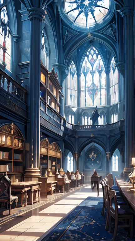 Castle towers, Harry Potter, Ravenclaw, lounges, arched windows, blue silk hanging on the walls, domed ceilings painted with stars, dark blue carpets with stars, tables, chairs, bookshelves on the floor  