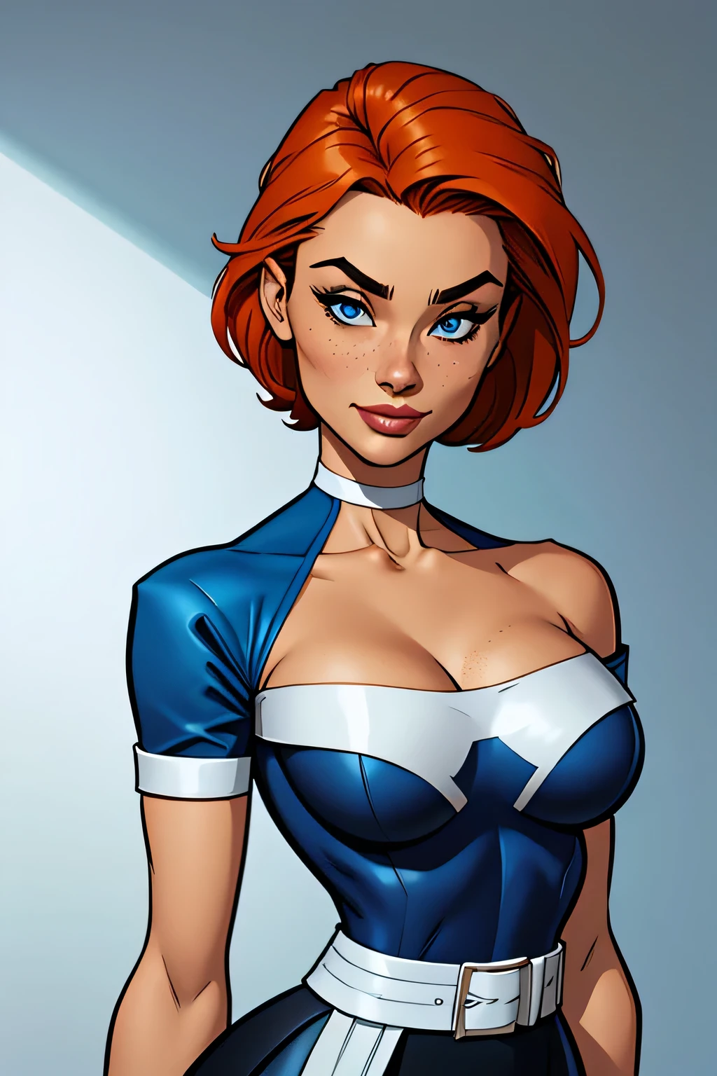 Slim and athletic woman (x-men rogue), 25 years, 8k ((high definition)), mysterious smile, sighing and seductive, blue eyes, secretary wearing blue shirt ((with asymmetrical neckline and short sleeves)), black belt, chalk skirt, hands on waist ((detailed)), white skin, straight orange hair ((shoulder height)), standing ((upper body)), curvy and with freckles on her neck and breasts, big round breasts. Marvel style ((high quality)), white background.