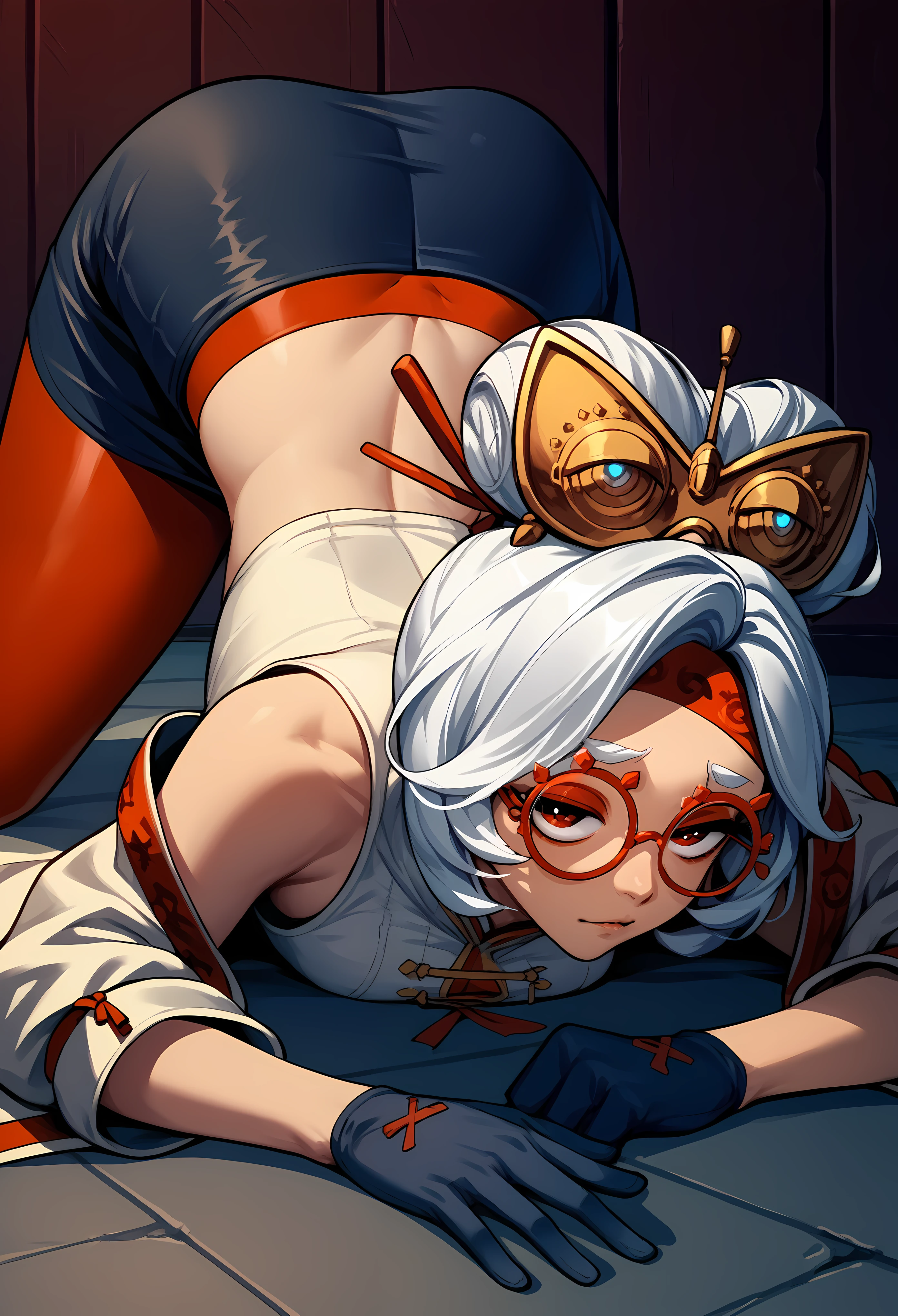 score_9, score_8_up, score_7_up, score_6_up, score_5_up, score_4_up, (source_anime), purah, 1girl, huge breasts, narrow waist, thick thighs, hair ornament, red headband, red glasses, sleeveless shirt, white coat, black skirt, red leggings, gloves, high heels, ahegao,brainwashing,empty eyes, (Open legs:1.5)(((nsfw)))(question mark)(doublePeace)