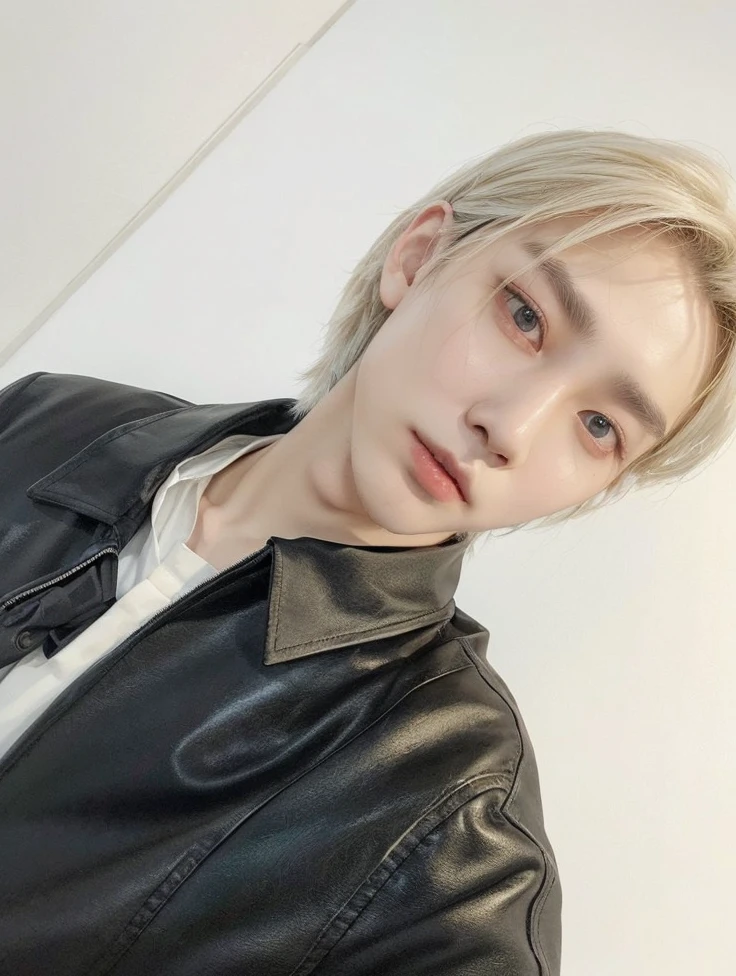An arafed boy with blonde hair and a black shirt is pointing at something., cai xukun, jossi de blackpink, portrait of jossi de blackpink, hyung tae, kim doyoung, Con pelo corto, sol yunjoo, kanliu666, Jinyoung Shin, hong junio hyung, el corte de hime, pintar ulzzang, cara perfecta, doll face, realista, tae bts, hermoso rostro, mirada perfecta, borrar mano
