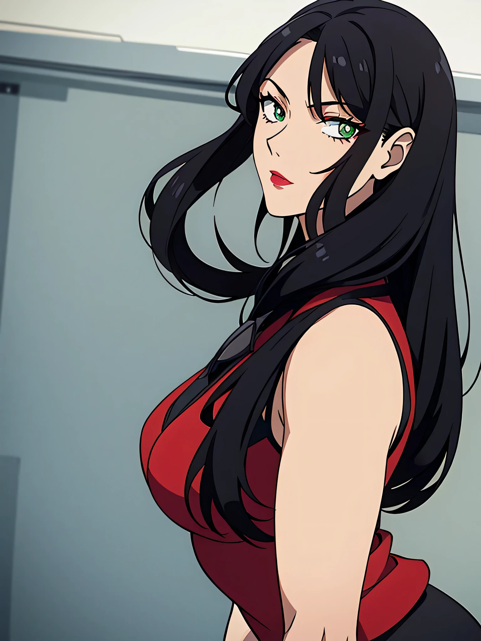 1female, solo, long hair, black hair, green eye, red lipstick, black suit, black skirt, mother,