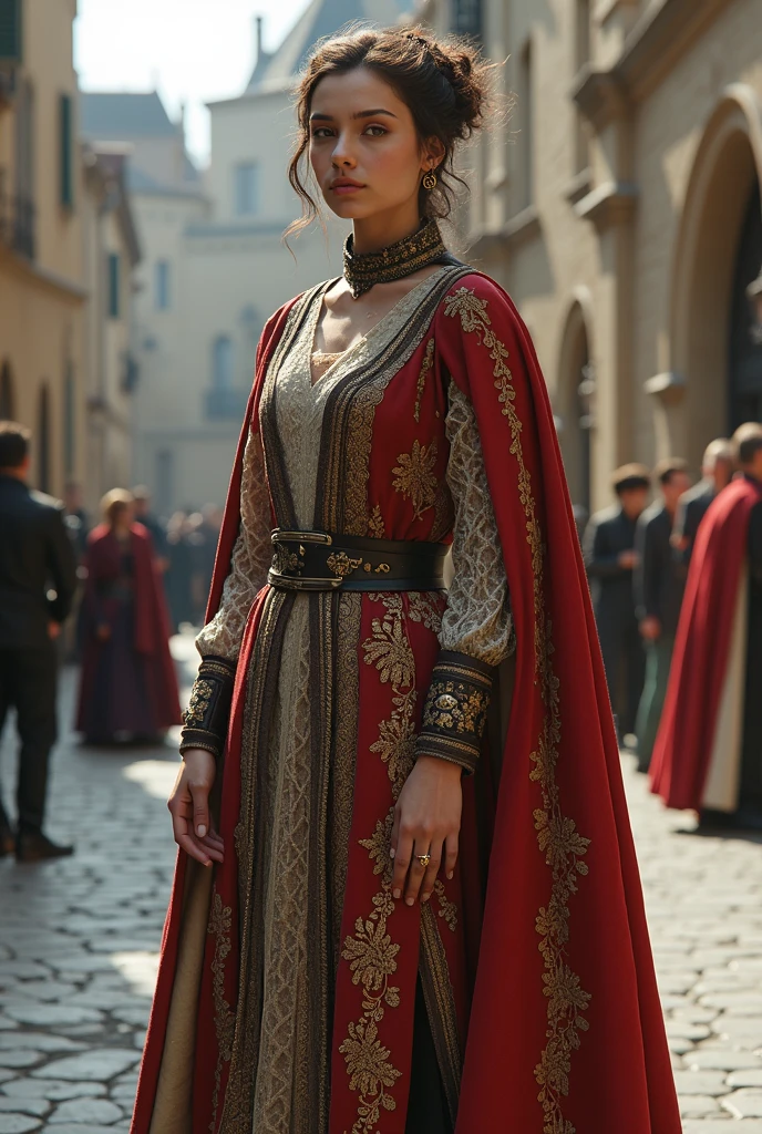 Beautiful and majestic, imperious and distant, busty athletic (delgado) Brunette queen with marked facial features and a modest updo hairstyle., dark red medieval dress, long sleeves, wide collar, corona, veil, long dress, modest dress, tight bodice, the payment (WAIST CHAIN), medieval jewelry, middle Ages, castillo, rampart, wall, exterior, on top of a castillo wall, trees, field, evening, Sunset.