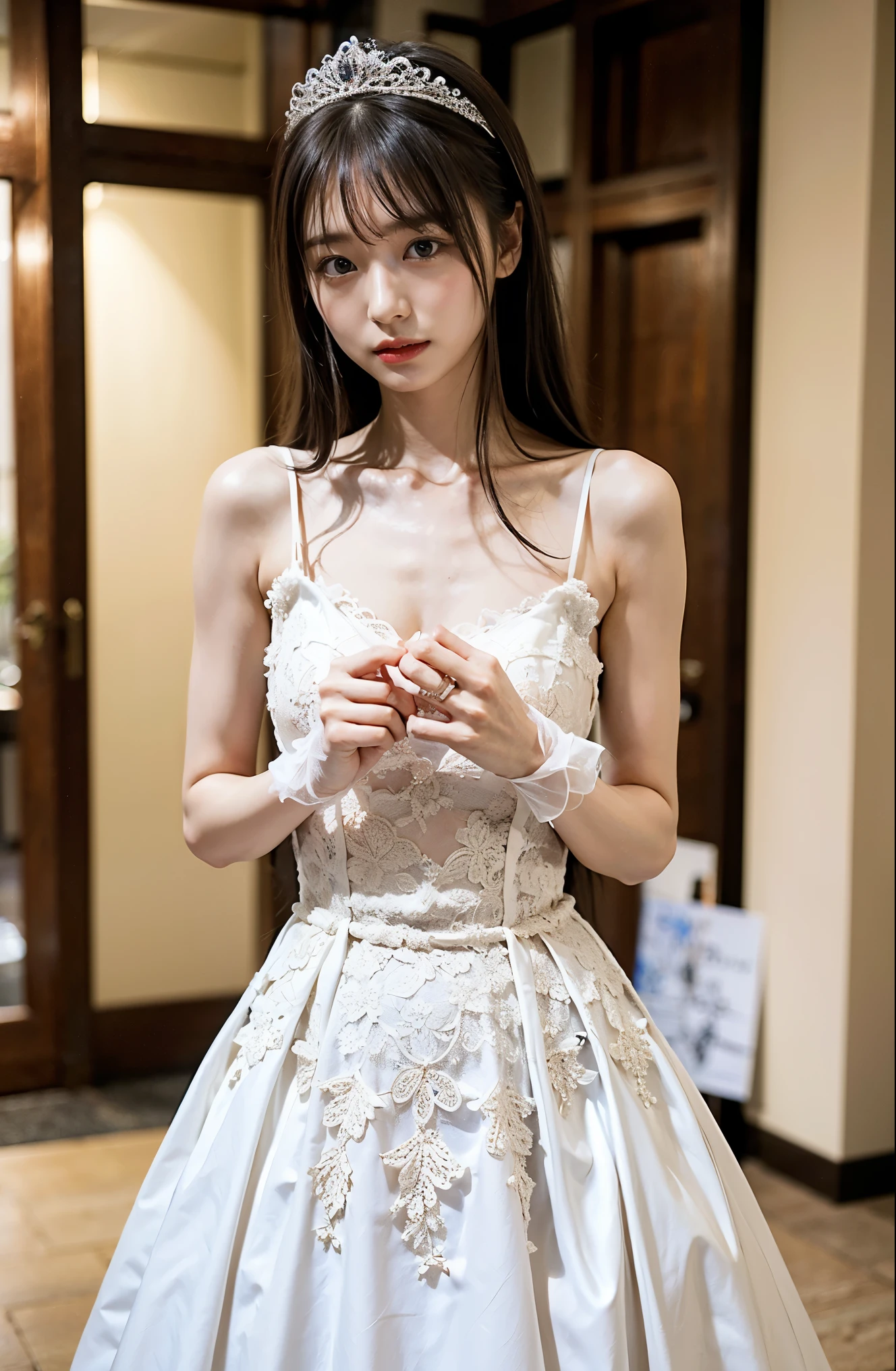 Very Very thin anorexia long elongated body. Very thin, 非Realisticに長く細い脚にパンティーストッキング,Very beautiful and cute real face.、Tiara、Please wear white lace gloves、White lace and sparkling wedding dress、Gorgeous and elegant white wedding dress、Braid only the front hair((Wedding Style:1.4))、Full body photo、smile、 Caustics、Highly detailed photos、Very beautiful and ideal long hair、Big Breasts、Super no makeup、(8k、RAW Photos、Best Quality、masterpiece:1.2)、(Realistic、Realistic)、1 girl、((Long black hair、Looking into the camera:1.4))、
