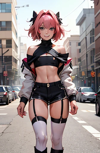 Ultra-detailed illustrations, masterpiece、Highest quality、astolfo, Beautiful and slim perfect body, rasgos muy females, cuerpo female sexy muy delgado, flat chest, Pectorals, not breasts, very innocent smile, Girl, bright pink hair, spiky hair, short hair, a long braid, lock of white hair on left side, almost non-existent shorts, top that barely goes up the chest, off shoulder top, long fishnet stockings, female, small bulge in shorts, not penis, Eating an ice-cream, walking down the street、Full body painting、 girl、Perfect body、Perfect Style、Slender beauty、tall beautiful femboy、A cheerful smile、extremely cute and beautiful femboy、femboy、Poses provoking men、Heavy breathing、Expressions of rutting、Very delicate and beautiful face and eyes、Detailed and sophisticated eyes、Beautiful Eyes、Beautiful Hair、Beautiful messy pink short hair、alone, 1femboy in、Dynamic Angle、Full Shot、Wide Shota Star Piece, Highest quality, ,Tube top、Navel costume、hot pants、Shorts、garter belt、Flight jacket、、Knee-high socks、Knee-high boots、 Long sleeve、Narrow waist、Shortsからはみ出る尻、Big Ass、Accentuated buttocks、Thin legs