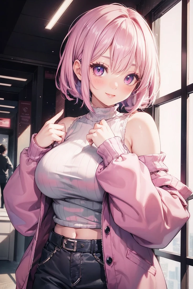 Pink Hair、Pink Eyes、girl、Small breasts、Bun Hair、girl、Small breasts、Lolita、Bright smile、Looks about 15 years old、Petan Musume、short、目のhighlight、Short、Sexy thighs、(length, High neck, Sleeveless sweater:1.3)、Showing armpits、Your eyes are so beautiful、highlight