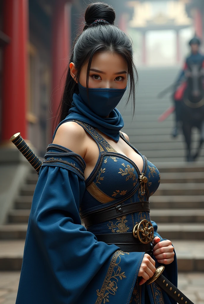 (Japan around 1700:1.5)、1 female、(Super beautiful)、(beautiful face:1.5)、Kunoichi、(Ninja outfit:1.4)、(Clothes:2)、bare legs、spread your legs、In front of a fallen temple、(At SFW:2)