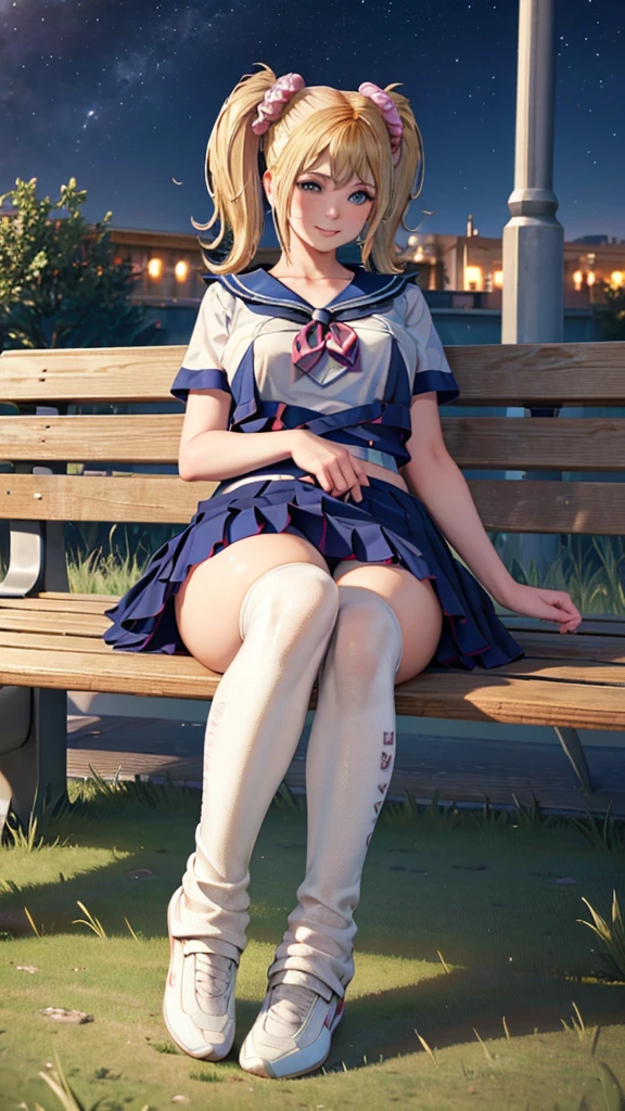 (1) A woman is sitting cross-legged on a bench. (2) The woman is a gal, with a childish face but heavy makeup. She has long blond hair. (3) The woman is wearing a blue sailor uniform, a mini-skits and loose socks (4) The woman's expression is a smile. (5) The location is a park bench at night. diaphragm, (bright eyes:1.25), masterpiece, best quality, extremely detailed, High Quality, 4k, sharp focus, professional, sharp focus, awarded, cinematic lighting, octane rendering, Unreal Engine, volumetric dtx, wallpaper, (masterpiece, Superior quality: 1.2), anime style, Super detail, great lighting, (1 girl: 1.3), (High resolution:1.2),(​masterpiece、Premium:1.2) full body,very detailed eyes, Perfect face, very beautiful female body, large thighs</input></xml>, medium chest, good lighting, cowboy shot, Alone, 1 girl, (((happy face))), sitting,dynamic pose, JULIET, Look at the spectators, long blonde hair, twintails, Blue eyes, short skirt, short t-shirt, shows the navel, Sports sneakers are white and light blue, white loose socks, 