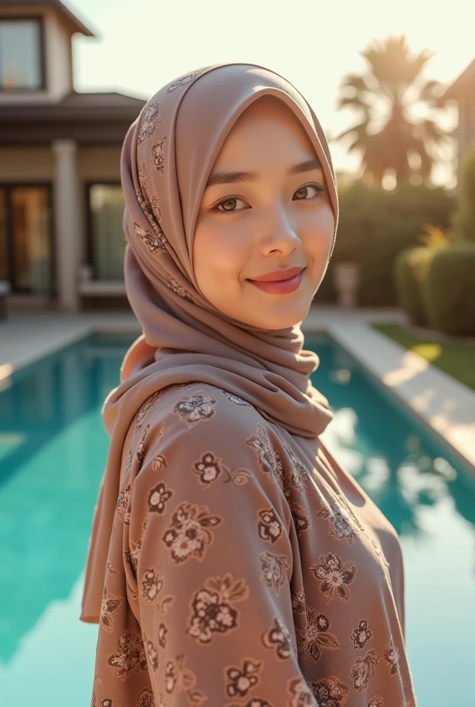 beautiful indonesian model with small tits posing at the swimming pool wearing beautiful dress and hijab