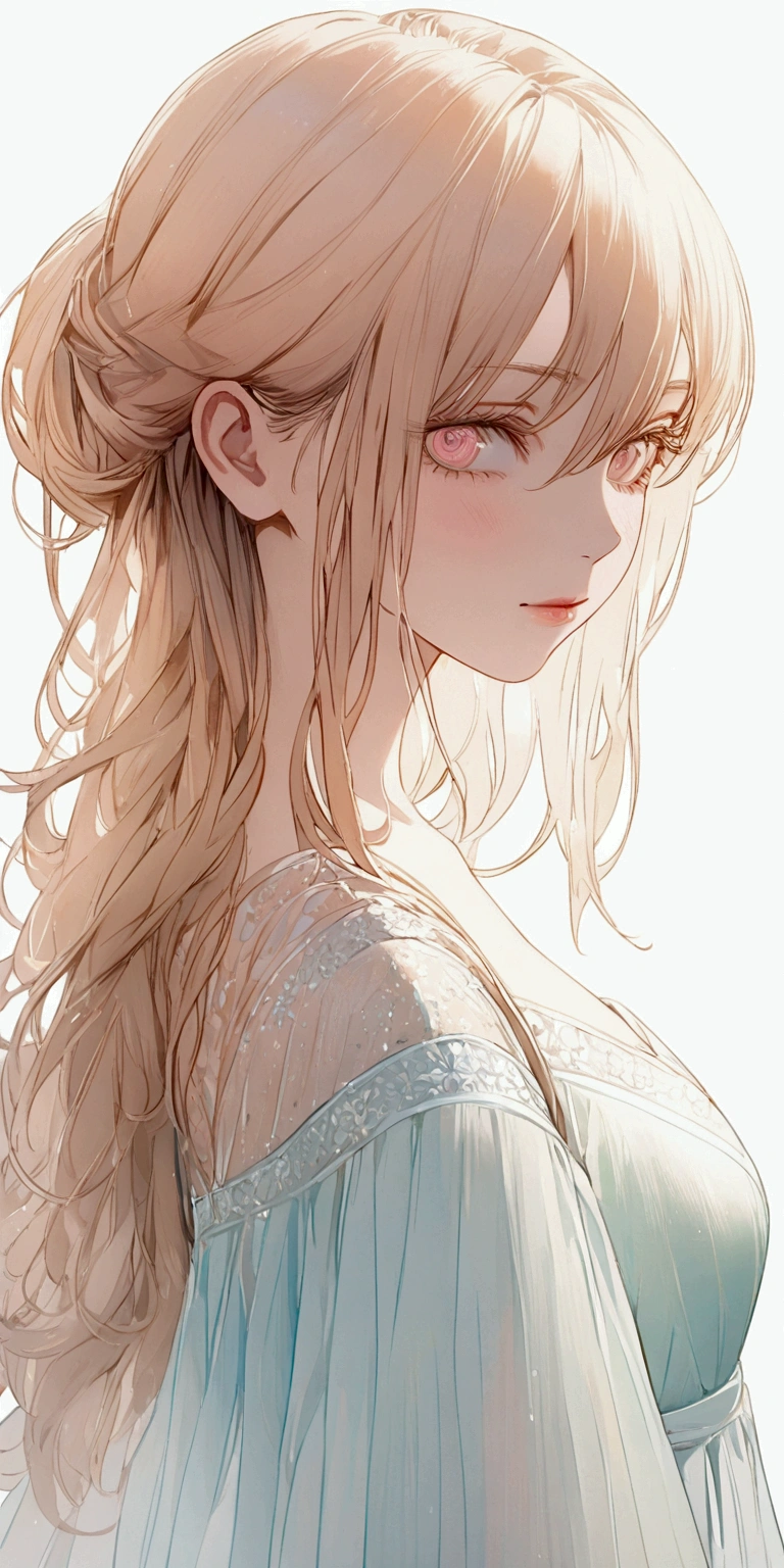 A girl, The Minimalists, illustration, Colorful, Soft colors, Simple, Clean, Elegant, Soft, dream, Fantastic, Beautiful, Beautiful and delicate eyes, Beautiful and delicate lips, Extremely detailed face, Long eyelashes, Calm expression, Shoulder-length hair, Detailed hair, Natural Lighting, On white background, high quality, 8K, Extremely detailed, masterpiece, Reality