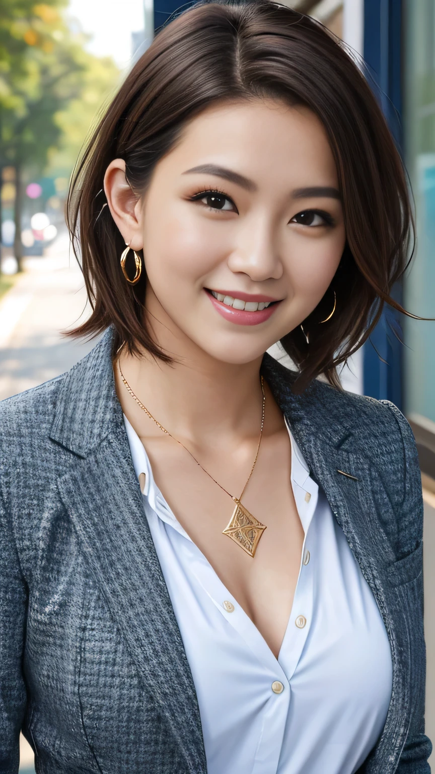 RAW Photo High Resolution, Very detailed, intricate details, 、ear piercing、、Short Hair、Dark Brown Hair、Office Lady Suits 、smile、jacket、shirt、Heavy makeup、Necklace around the neck、, The background is an office
