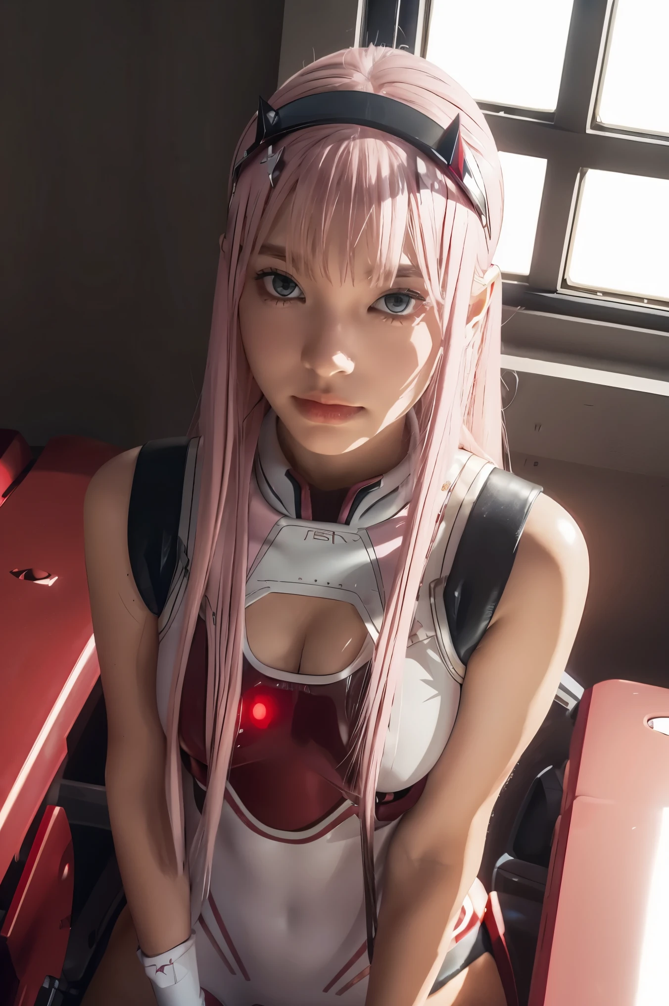 (Overhead view),dynamic angle,ultra-detailed, illustration, straight on, 1girl, ((Zero two, interface headband with a pair of horns, red bodysuit:1.4, pink hair)), Her eyes shone like dreamy stars,(glowing eyes:1.233),(beautiful and detailed eyes:1.1),(expressionless, closed mouth),(standing), (mechanic room with tools and spaceship window in a white SPACESHIP), (night:1.2), dreamy, [[delicate fingers and hands:0.55]::0.85],(detail fingers),