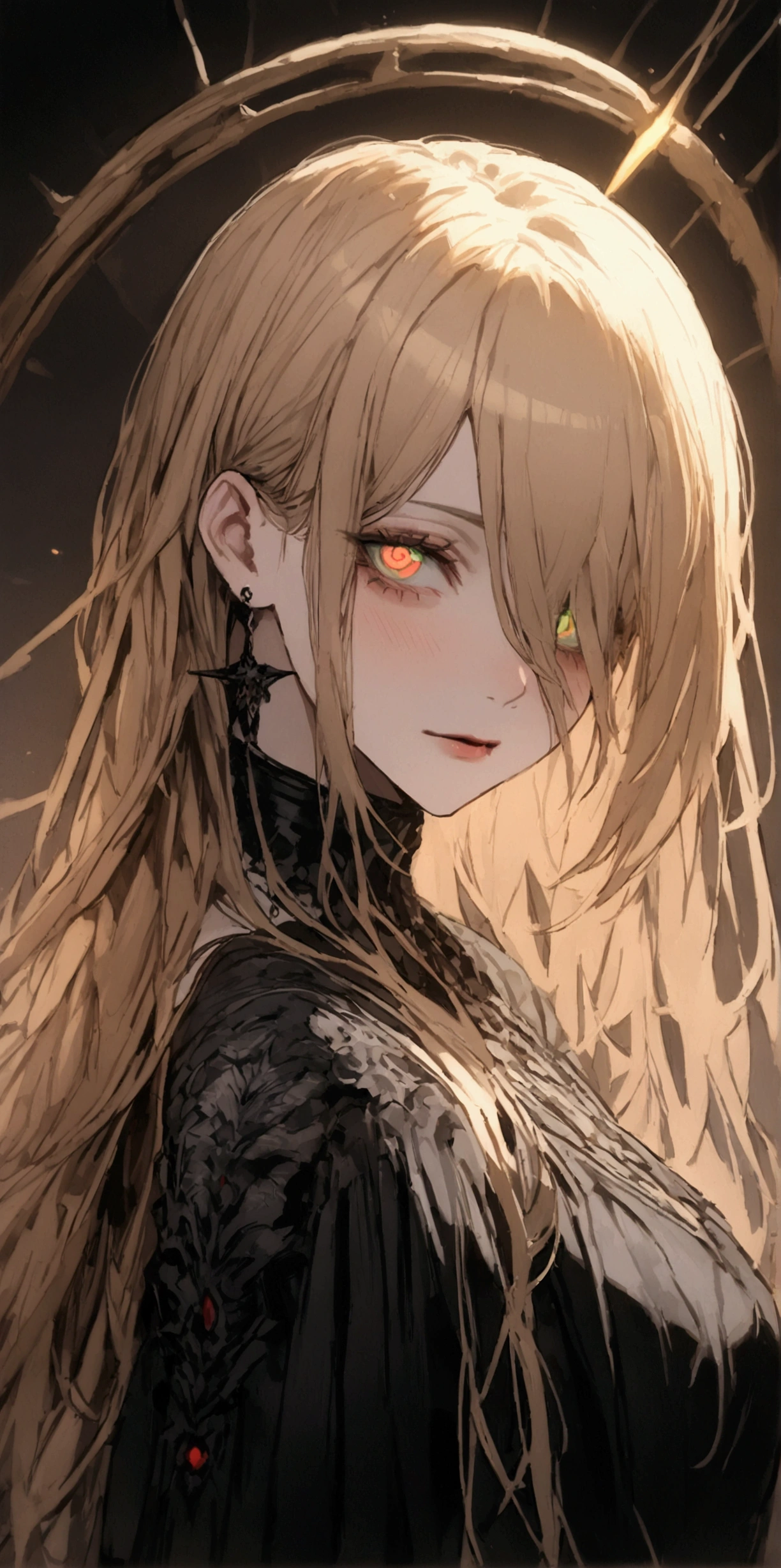 ((masterpiece, Best)), (1 Girl), (Solitary), (Women&#39;s Focus), (Ash Blonde Hair, Long hair, Hair covering one eye), green eyes sad eyes, Cold expression, Cold Eyes, Pale skin, Color grading, Dark illustration, Ultimate quality, Radiant, Extremely detailed, ultra-Delicate face, UHD 8k, Hyperdigitalization, myth, dark lightning, Perfect face, Beautiful, (Perfect composition: 1. 4), Delicate face and body, Award-winning photography , Fields, Delicate face, Detailed hands, Looking at the viewer, Movie Lightinging, ember, (undead mage), (douchebag), (masterpiece, , Extremely detailed, The best shadow), (Beautiful Delicate face, Female characteristics), (Optimal lighting), ((Movie Lighting)), Colorful, Ultra Detail, Dramatic lighting, Intricate details, (Dark circles under the eyes), Gothic, decadent, Amazing, weird, (Zebrawood Fran)