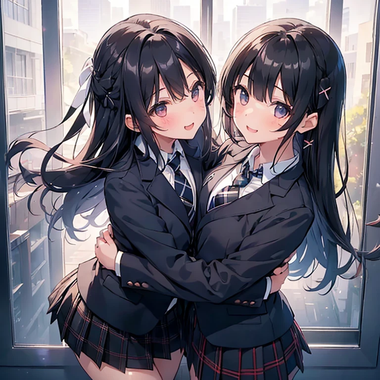 ((Two girls hugging and kissing:1.3))、smile、Black Hair、Black Hair、(Small white ribbon)、Small breasts、(blazer、Normal necktie、black plaid mini skirt),Clear sky、In front of school、Dynamic Angle