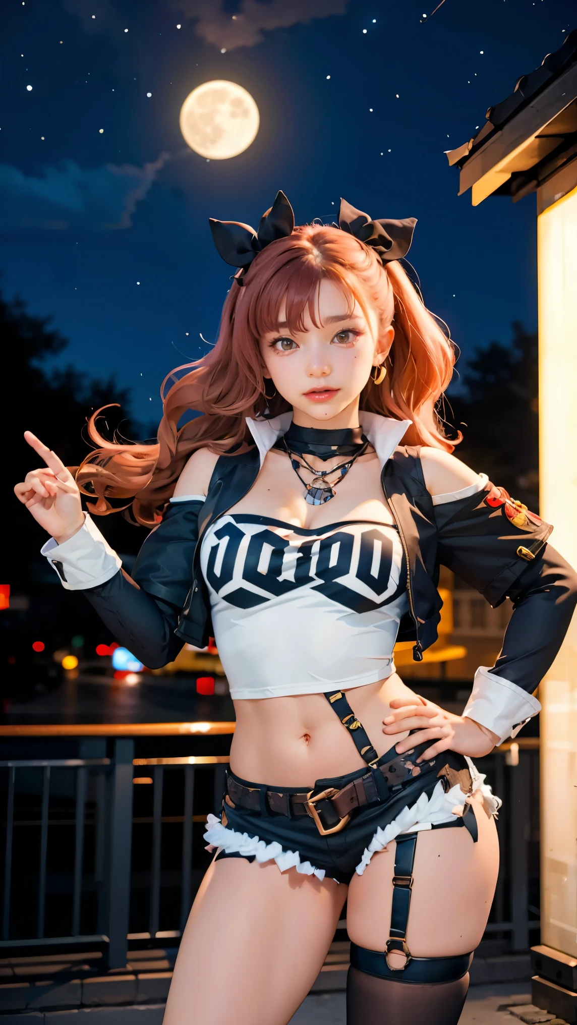 masterpiece, best quality, ultra-detailed, extremely detailed,illustration, 1girl, nicole demara, hair ribbon, hairclip, earrings, black collar, tube top, single thighhigh, short shorts, cropped jacket, belt, thigh strap, detached sleeves, doll, standing, hand on hip, cowboy shot, night street, moon 