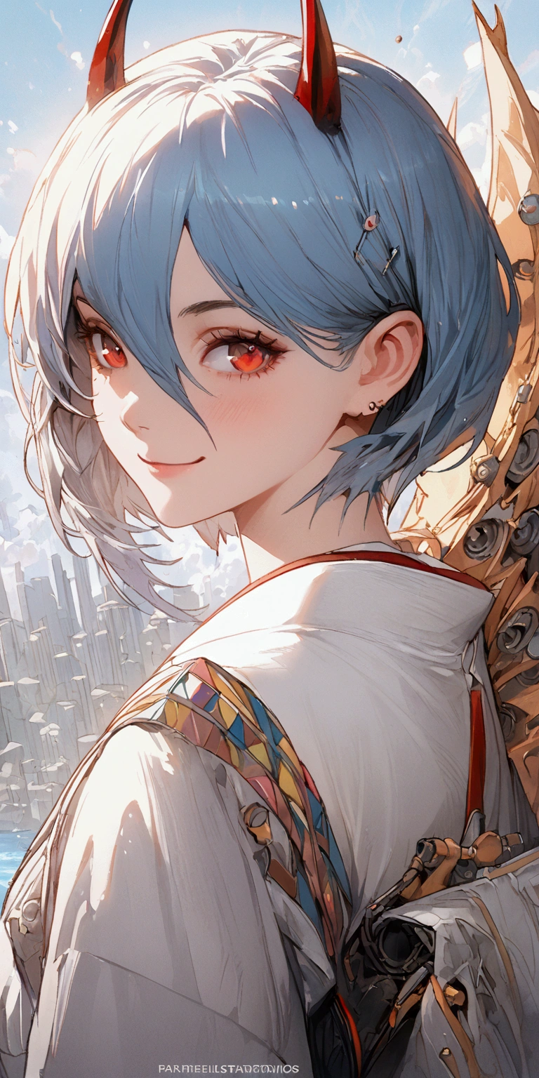 Smiling Ayanami Rei masterpiece portrait (Fox Demon), Fox Tail， Caustics, High resolution illustrations, Red Eyes, woman, No students, Blue Hair,  Short hair,  Shadow flat illustration, The Art of Mathematics, Hot Topics on ArtStation, Very detailed, Fine details, Complex, splash, Beyond, Auto Parts, Neon Colors