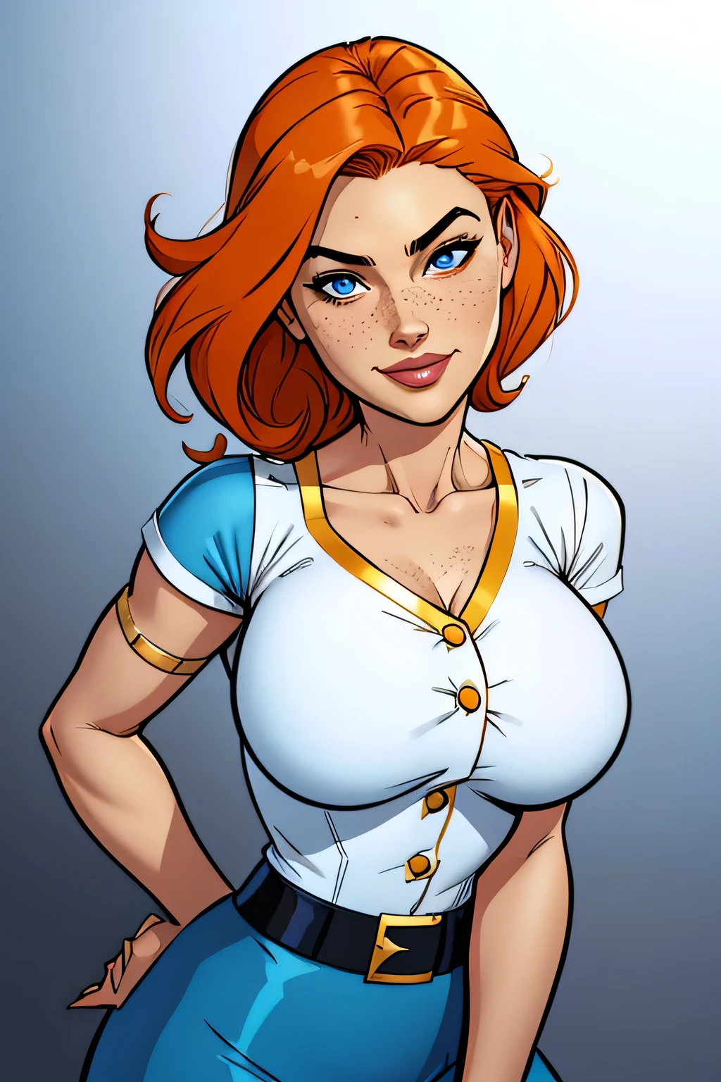 Slim and athletic woman (x-men rogue), 25 years, 8k ((high definition)), Cute smile, sighing and seductive look, blue eyes, secretary wearing blue shirt ((with V-neck, white edges, gold buttons and short sleeves)), black belt, chalk skirt, arms positioned at the sides of the body, white skin, straight orange hair ((shoulder height)), standing ((upper body)), curvy and with freckles on her neck and breasts, big round breasts. Marvel style ((high quality)), white background.