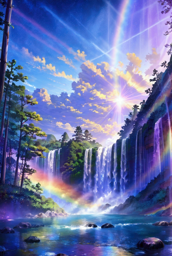 rainbow色、rainbow、Rainbow colored世界、sun，Dazzling Light，Light，Shine，torii，waterfall，Streaks of Light，High resolution, High resolution, 8k, Masterpiece 2:1,16k, 超High resolution, 超High resolution, Born,wonderful ,future、Rainbow colored、The world after 100 fantasy、night