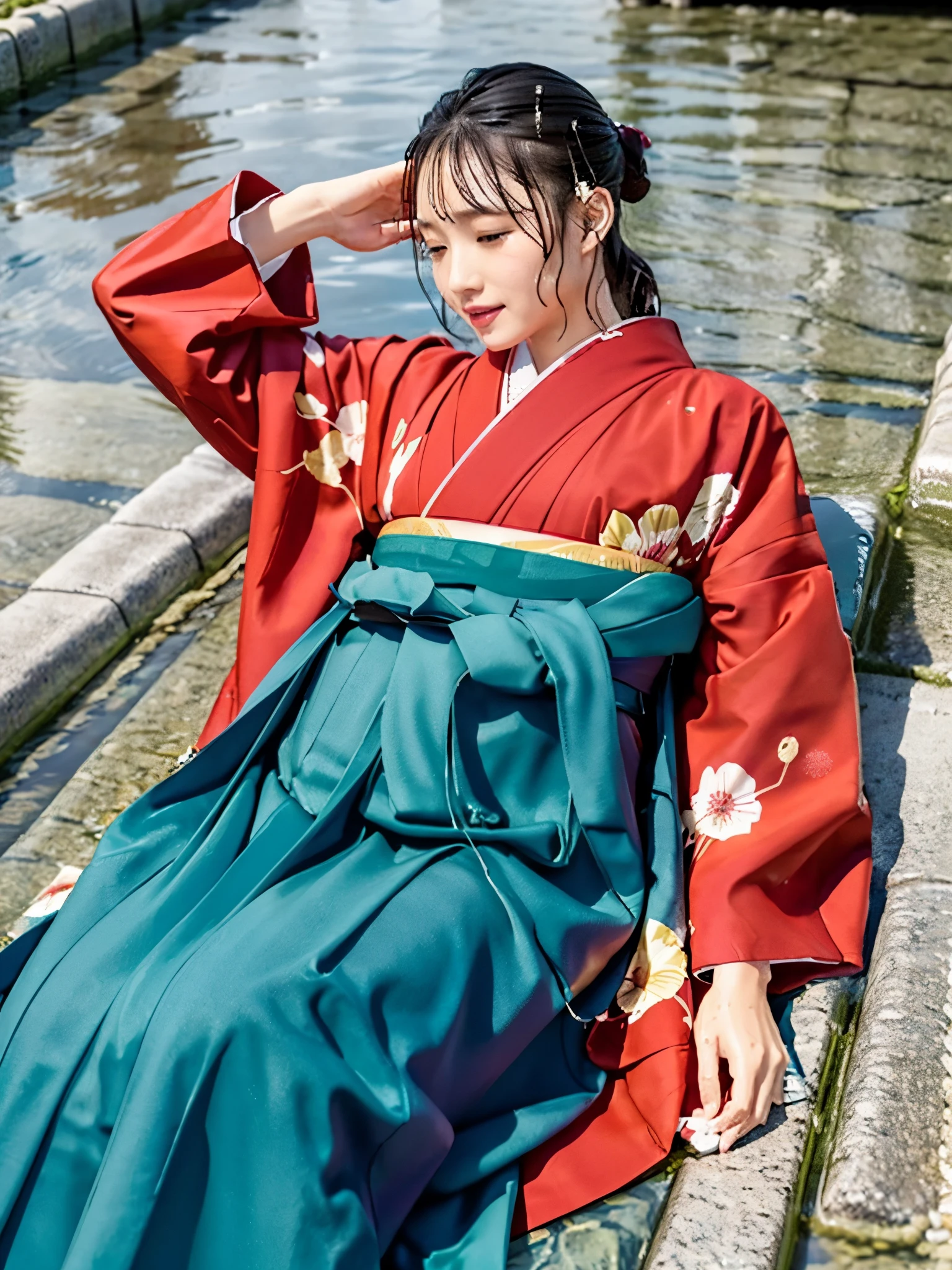 Realistic, long-sleeved kimono, hakama, long hakama, long long-sleeved kimono, wet clothes, soaking wet clothes, water dripping from clothes, wet shiny clothes, clothes with a wet texture, clothes that stick to the body, immersing in a river, taking a shower, lying down in a river