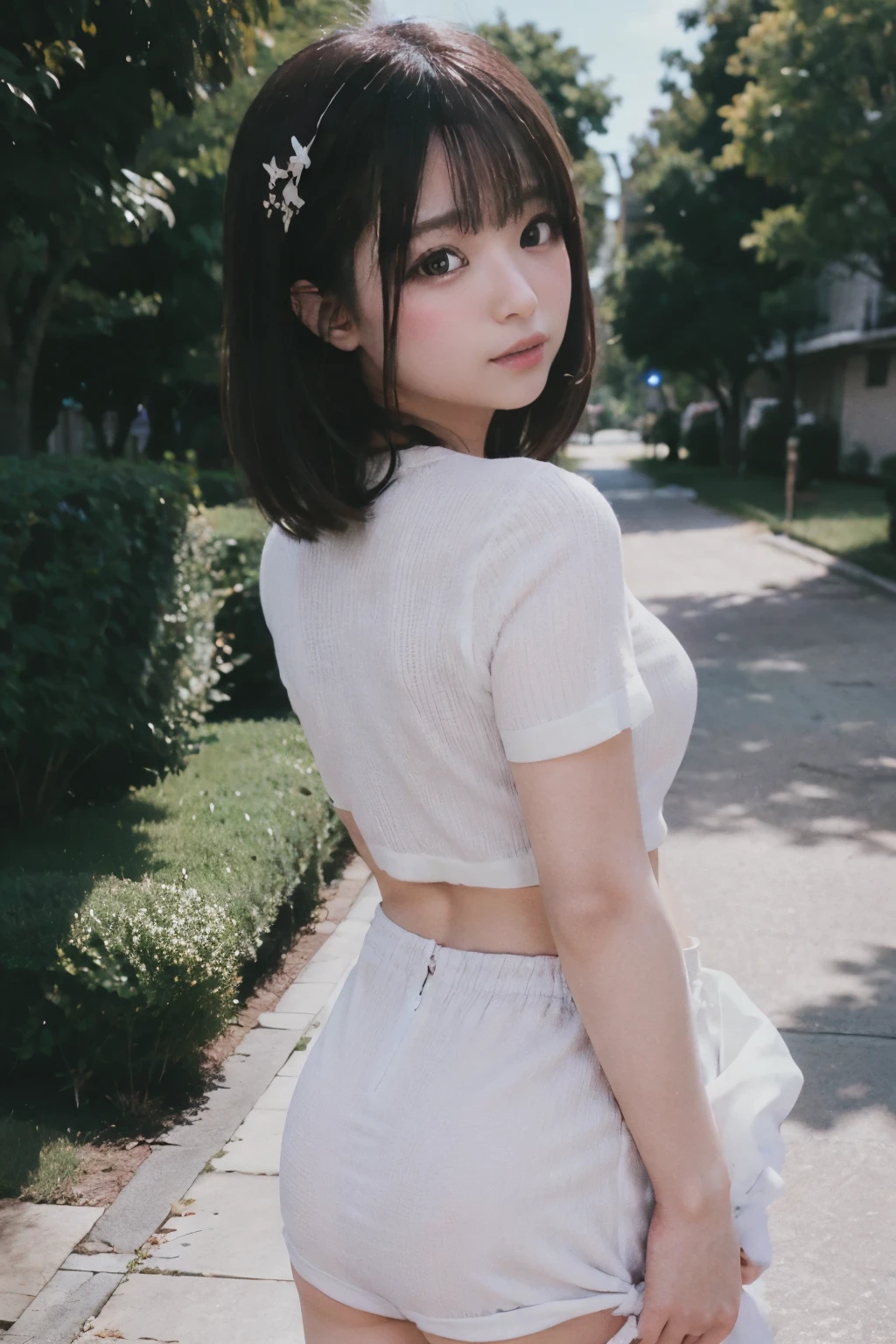 8K, RAW Photo, Best Quality, Masterpiece, Realistic, PhotoRealistic, Extremely Detailed 8K Wallpaper, Beautifully Detailed Eyes, Finely Detailed Face, 
 BREAK 
Professional Lighting, 
 BREAK 
Rice Stalks in Golden Paddy Field:1.4, 
(80's_jiaopian), Morning, 
 BREAK 
Perfectly Anatomically Correct:1.0, 5 Beautiful Thin Finger:1.0, 
 BREAK 
1 Girl, Kawaii:1.2, Very Short Bob Cut:1.0, 
Symmetrical Clear Eyes, Captivating Eye Reflections, Chocolate Color Eyes, 
Open Mouth:1.4, Lean Forward, 
Underbuttocks:1.4, 
Buttocks Stuck Out Highly:1.0, Beautiful Ideal Spherical Shape Buttocks:1.0, Medium Buttocks Upturned:1.0, 
Skindantation:1.0, 
Wearing SHIMAMURA October Outfit, 
Looking Back Viewer, 
 BREAK 
SFW:1.0, 
 BREAK 
Buttocks Dynamic Shot:1.0