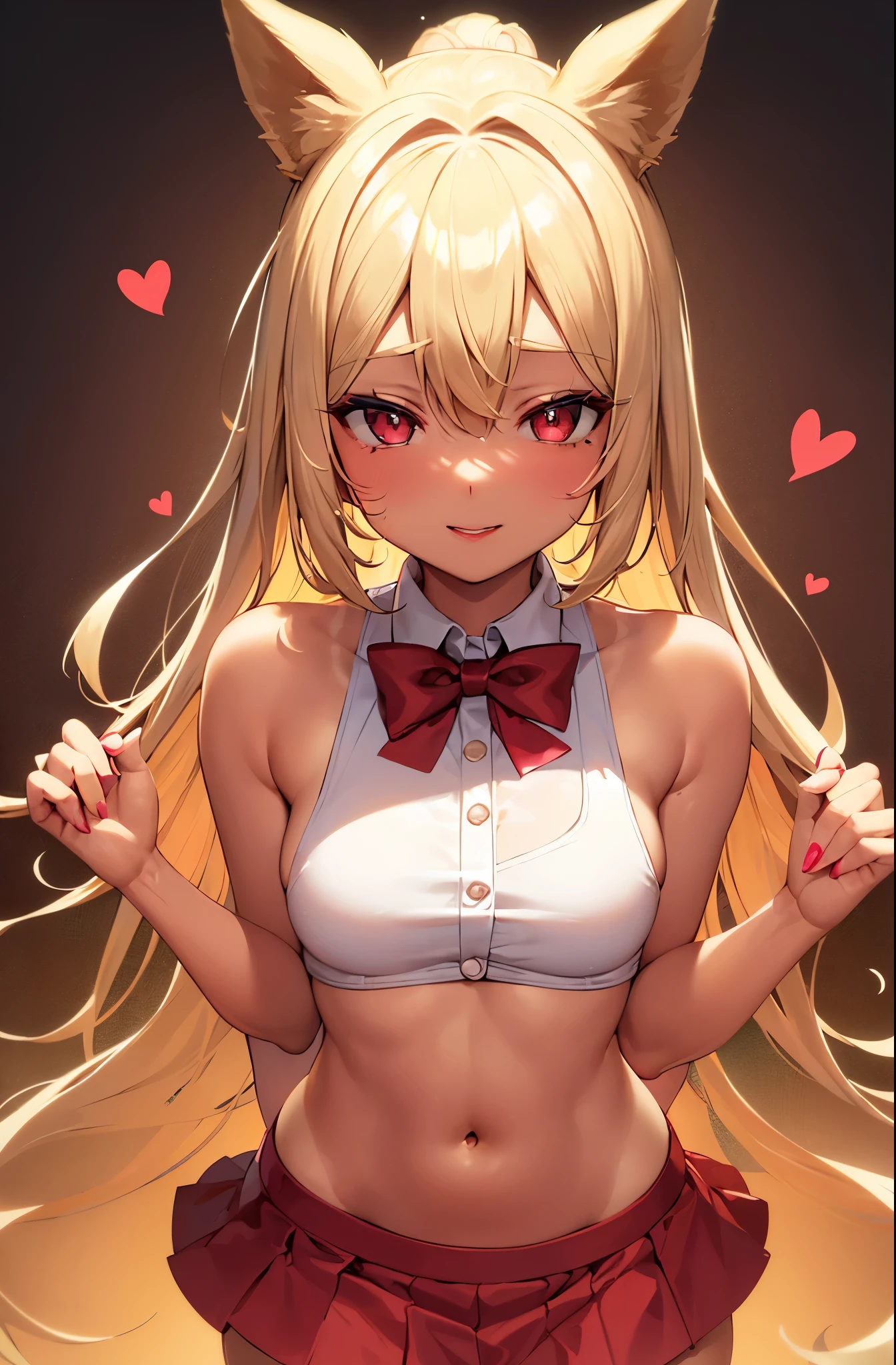 (young girl ,short stature,gyaru) ,flat chest,nsfw,big head, rotund.see-through one-piece-swimsuit,long hair,facing right, making a heart with hands, bashful, flushed, ashamed