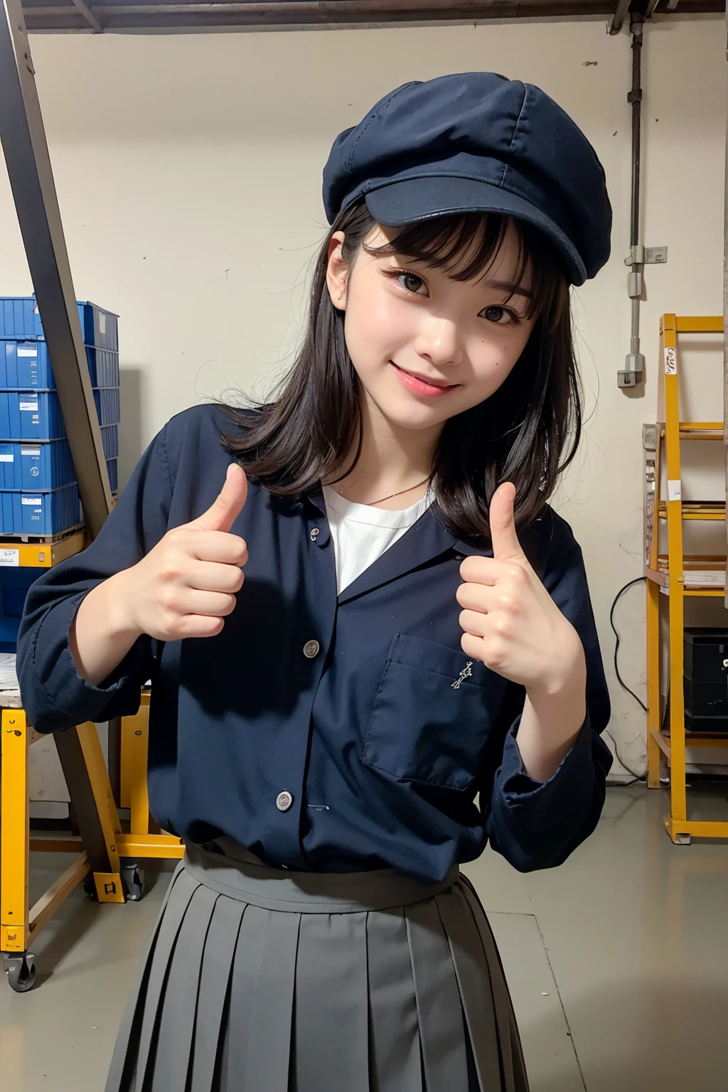 (RAW Photo Best Quality, High resolution、masterpiece: 1.1, Realistic texture: 1.4、High resolution)、(Navy long sleeve factory work clothes、Work cap with brim、(Pleated skirt)):1.1、Neat bangs、Idol Medium Hair、(Short)、Brown Eyes、(Smile、Thumbs up with both hands)、(Photographed from the front)、Workshop、(Bulk packaging、Logistics Rack)、