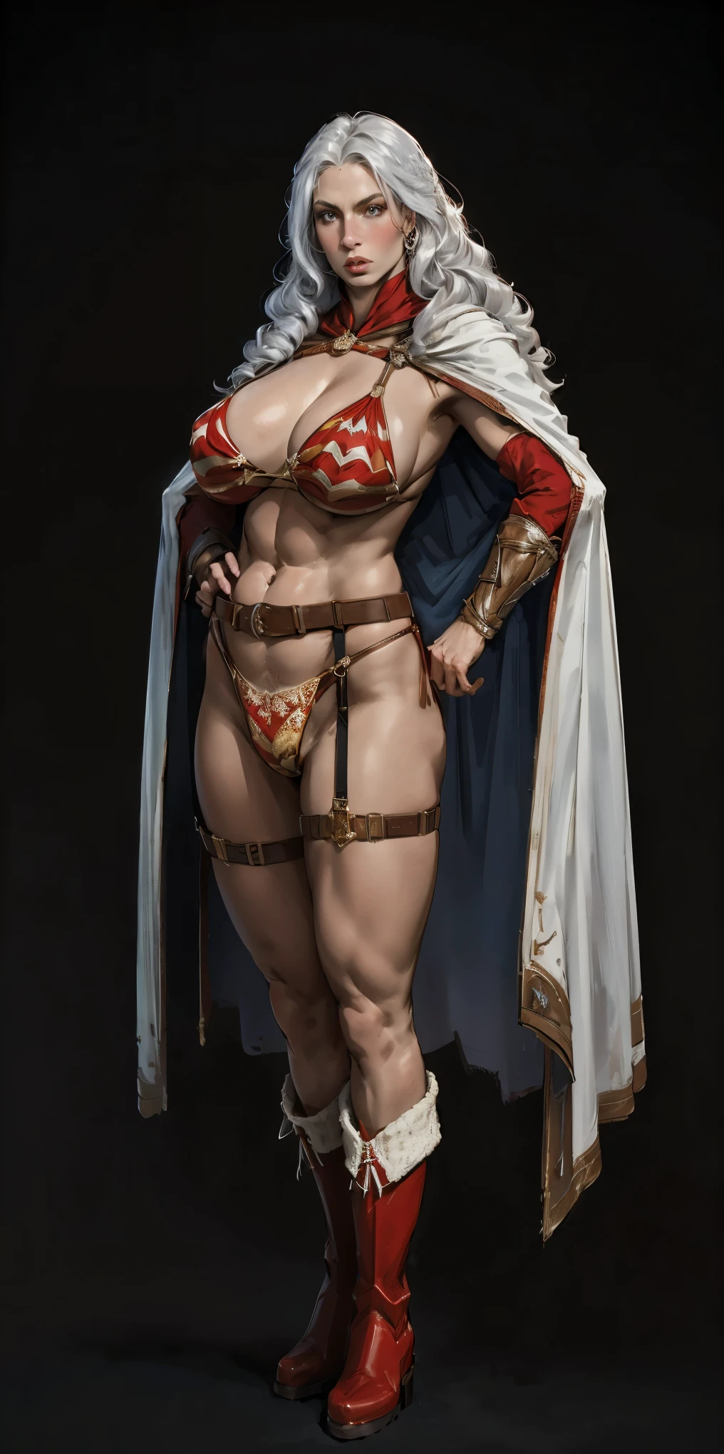 (masterpiece, best quality) (black background) full body standind straight symmetrical, FEMALE warrior princess Mercedez Von Martritz, twin big belt around waist, long curly WHITE SILVER hair, very white skin, female wearing full body bikini armor with red cape, brown leather boots, adventurer outfit, veteran warrior milf bimbo