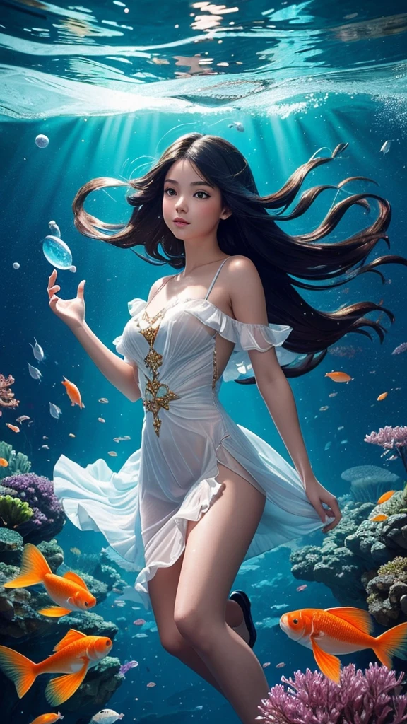 Heavy rain, lightning, full body, close-up of a woman in a transparent dress, deep V-shaped neckline in transparent multi-tone silk material, detailed fantasy art, sitting on a throne inlaid with gems under the sea, long legs, stiletto heels, right-handed rifle, left-handed flower, wearing a fine hair ornament, beautiful necklace, seen over her shoulders, bare shoulders and collarbones, larger, detailed fantasy art, stunning character art, epic exquisite character art, extremely detailed Artgerm, (High Detail Skin: 1.2), (Torn Clothes: 1.5), (Wet Clothes: 1.4), Crying with Open Eyes, Art Deco, High Detail,