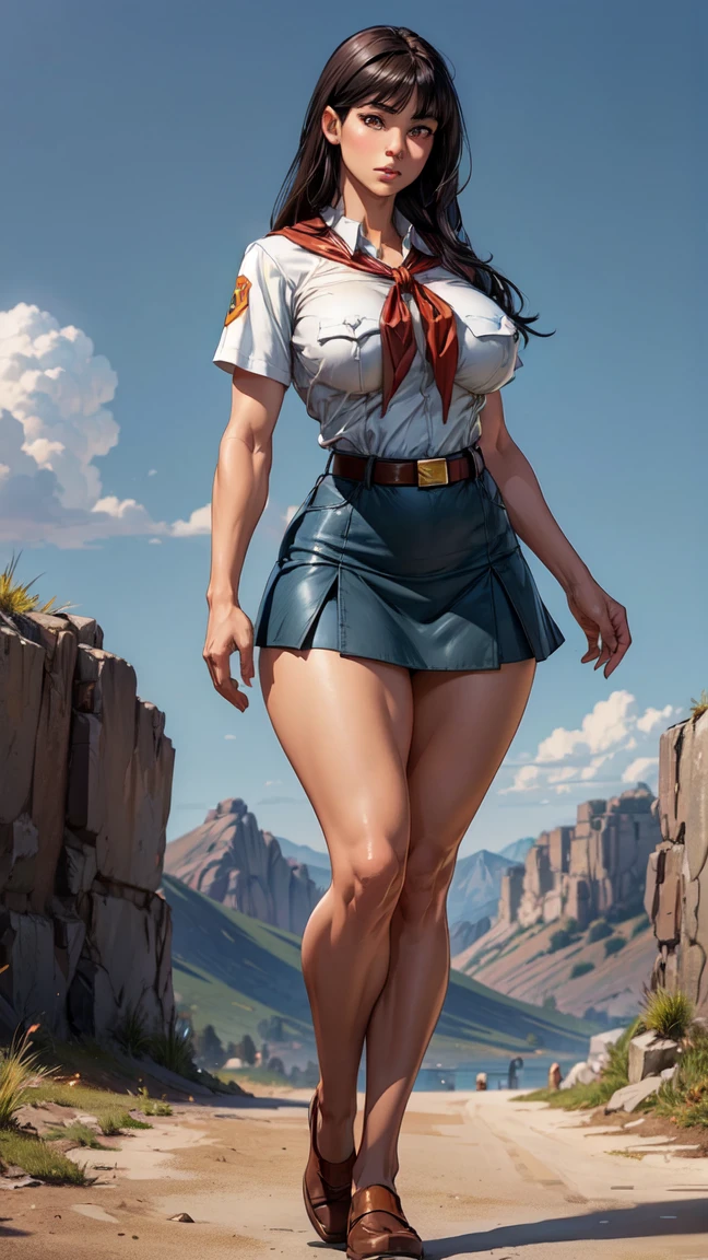 (8k, best quality, masterpiece:1.2), (realistic, photo-realistic:1.37), (full body), standing, legs apart, (wide stance) standing contrapposto, ultra-detailed, 1 girl,cute, solo, (tifa lockhart), (huge breasts:1.5), (beautiful detailed eyes), (smile:1.2), (closed mouth), sharp focus, depth of field, good composition, Final Fantasy VII, black hair, very long straight hair, hair bang, ((red_eyes)), intricate, bokeh, (Tetsuya Nomura style),  perfect breasts, (white lace bra), black miniskirt, white lace thong, (cameltoe:1.5) fat mons, long lace gloves, lace stockings, garters, toned body, athletic, wide hips, thin waist, toned arms, exposed abdomen, view from front