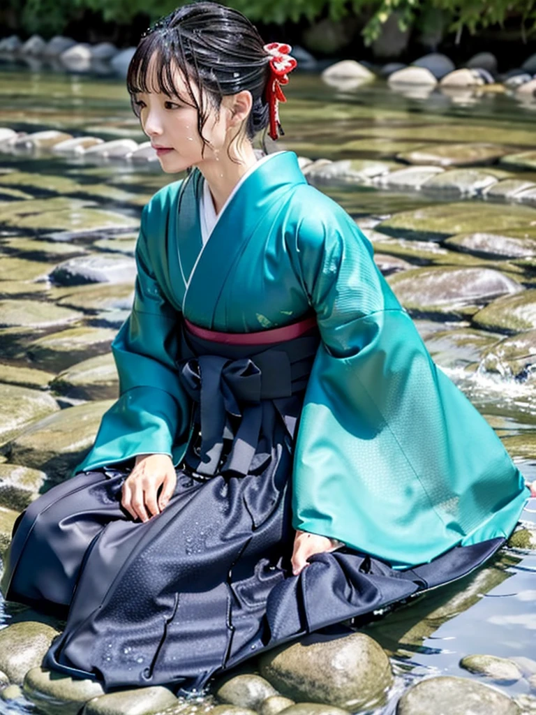 Realistic, long-sleeved kimono, hakama, long hakama, long long-sleeved kimono, wet clothes, soaking wet clothes, water dripping from clothes, wet shiny clothes, clothes with a wet texture, clothes that stick to the body, immersing in a river, taking a shower, lying down in a river