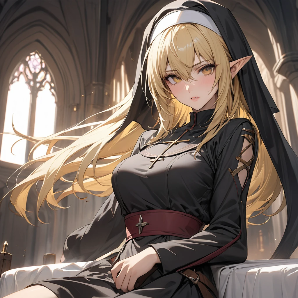 detached sleeves, bare shoulders, cape, armband, cloak, white thighhighs, garters, yellow eyes, glowing eyes, crying with eyes open, flat chest, blonde hair, long hair, hair ornament, crossdressing, yaoi, nun, priest, pointy ears, elf, masterpiece, best quality, lowres, bad anatomy, bad hands, text, error, missing fingers, extra digit, fewer digits, cropped, worst quality, low quality, normal quality, jpeg artifacts, signature, watermark, username, blurry, sitting, hugging own legs