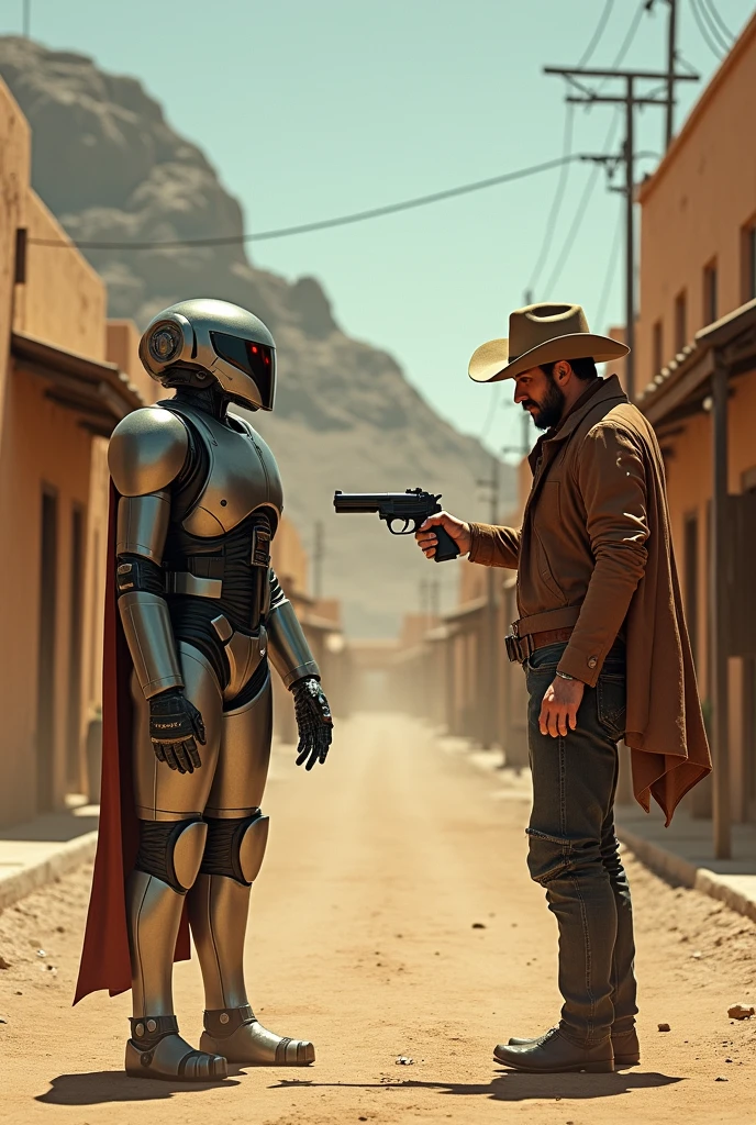 three men in costumes standing next to each other on a street, western steampunk cyborg, westworld, humanoids, oldwest, by Charles Marion Russell, gritty image, spiked metal armor, anthropomorphic cactus, the golden humanoid robot, 1800 photograph, text : roborock, dubstep, space western