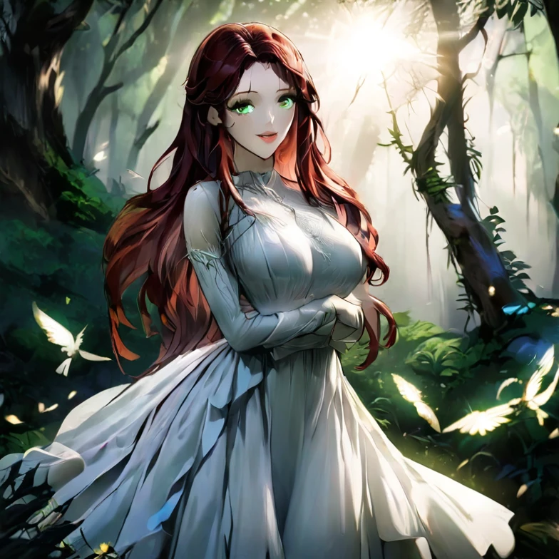 detailed intricate digital painting, 1girl, beautiful detailed eyes, beautiful detailed lips, extremely detailed face, long flowing green hair, long flowing red hair, long flowing green and red hair, beautiful young woman, serene calm expression, elegant flowing dress, graceful pose, ethereal magical forest, sunbeams, glowing fireflies, (best quality,4k,8k,highres,masterpiece:1.2),ultra-detailed,(realistic,photorealistic,photo-realistic:1.37),vibrant colors,dramatic lighting,cinematic composition,mystical atmosphere