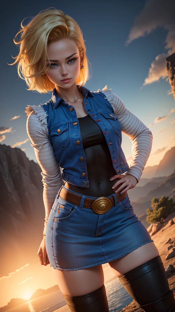 Android 18 da dragon ball,(best qualityer,4K,8k,high resolution,work of art:1.2)(weather: windy), mountain road background, battle ruins, wide hips, thick thighs, short curly hair, blonde hair, black leotard, tight denim skirt, brown boots, denim vest, thigh high stockings, earrings, flirting pose, ultra detailed,portrait,realistic,beautiful detailed blue eyes, beautiful detailed lips,extremely detailed eye and face, long eyelashes,average, medium breasts,flying hair,beaming smile, sexy smile,powerful girl, bright coloured, dramatic lighting,