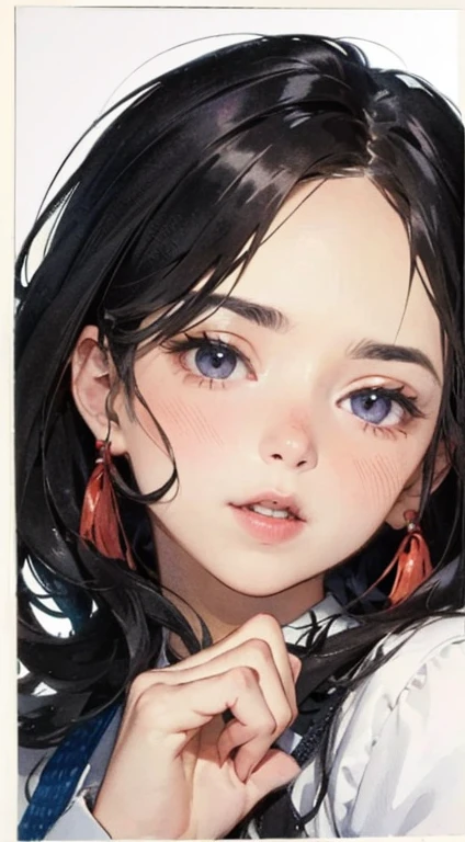 girl,Character design sheet,Beautiful attention to detail,Beautiful lip detail,Very detailed目と顔,Long eyelashes,Realistic,photoRealistic:1.37,Very detailed,Professional,Vibrant colors,Portraiture,Studio Lighting,Sharp focus,Physically Based Rendering,High resolution,超High resolution. blue eyes,Big eyes， Long Hair，Curly hair、Black Hair，Red cheeks，Droopy eyes，Small breasts，Jacket，Red cardigan，White T-shirt，White long skirt，