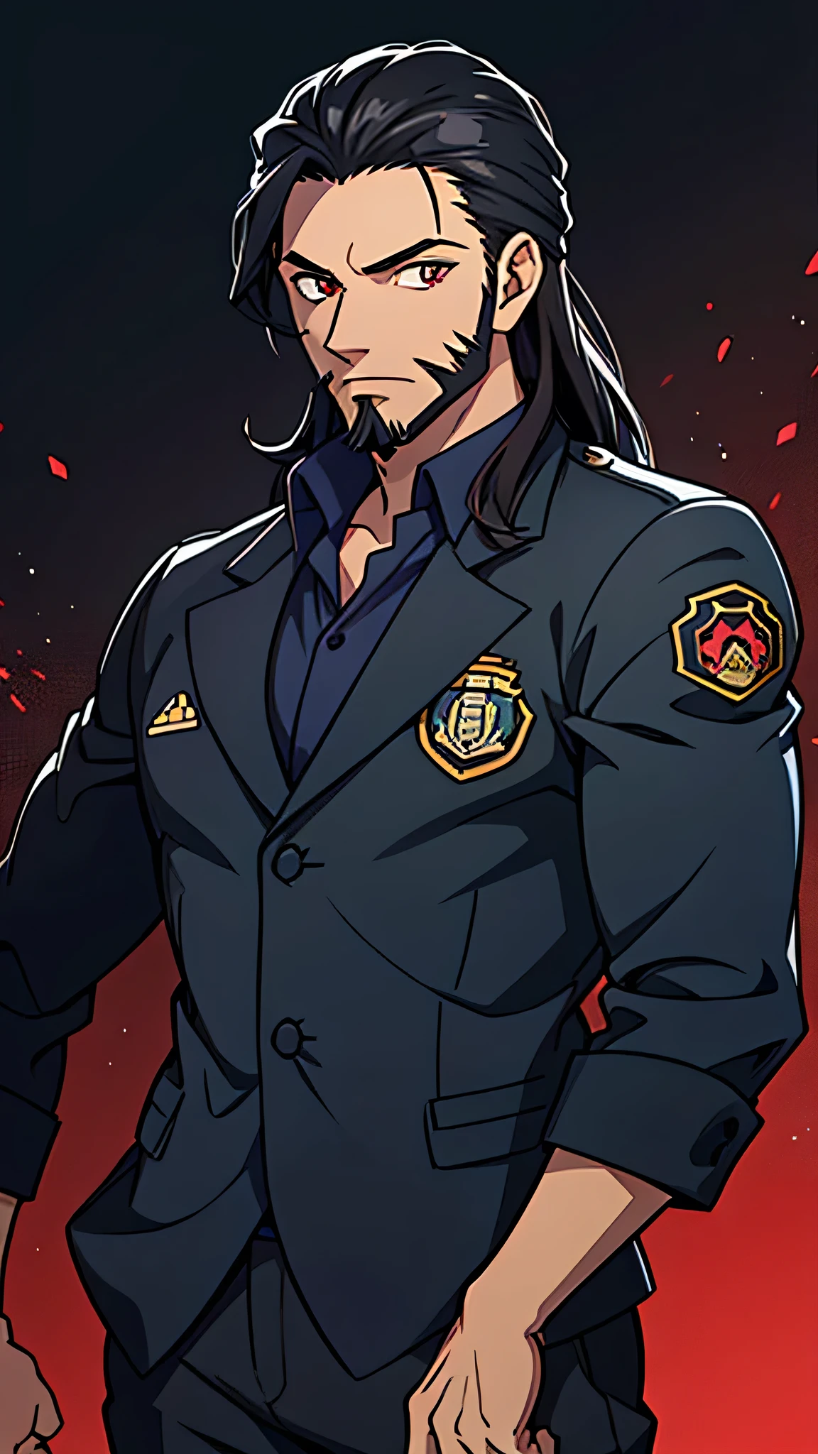 1male, solo, red eye, long hair, black hair, gray suit, father, black beard, police background